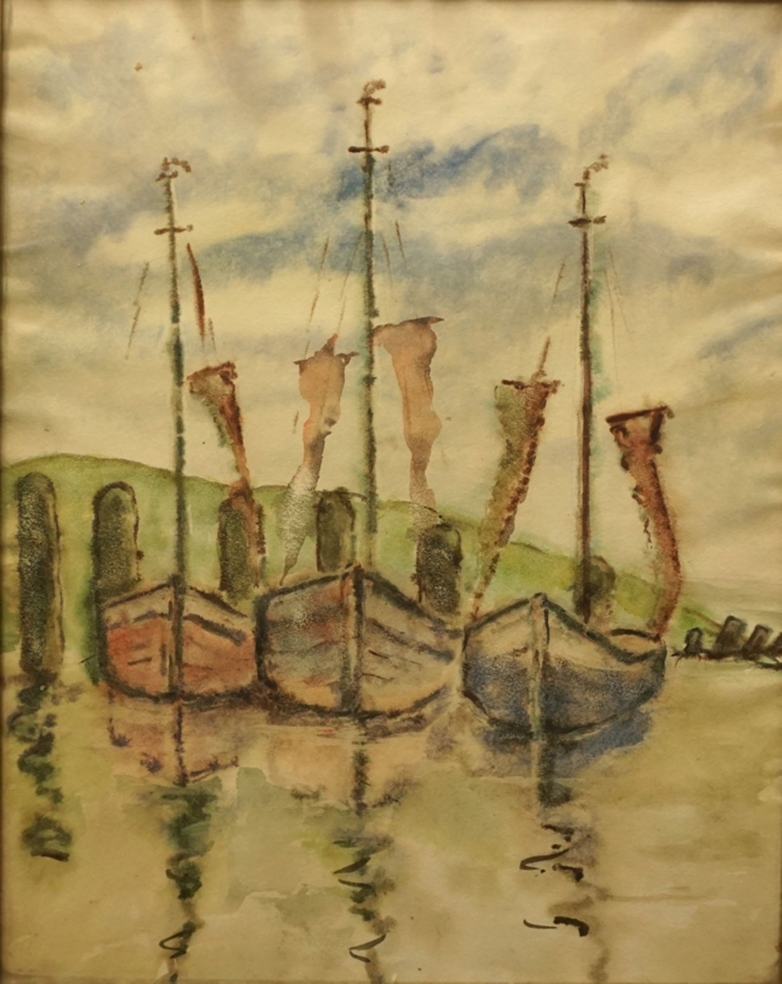 anonymer Künstler, "Anliegende Segelboote", frühes 20. Jh., Aquarell