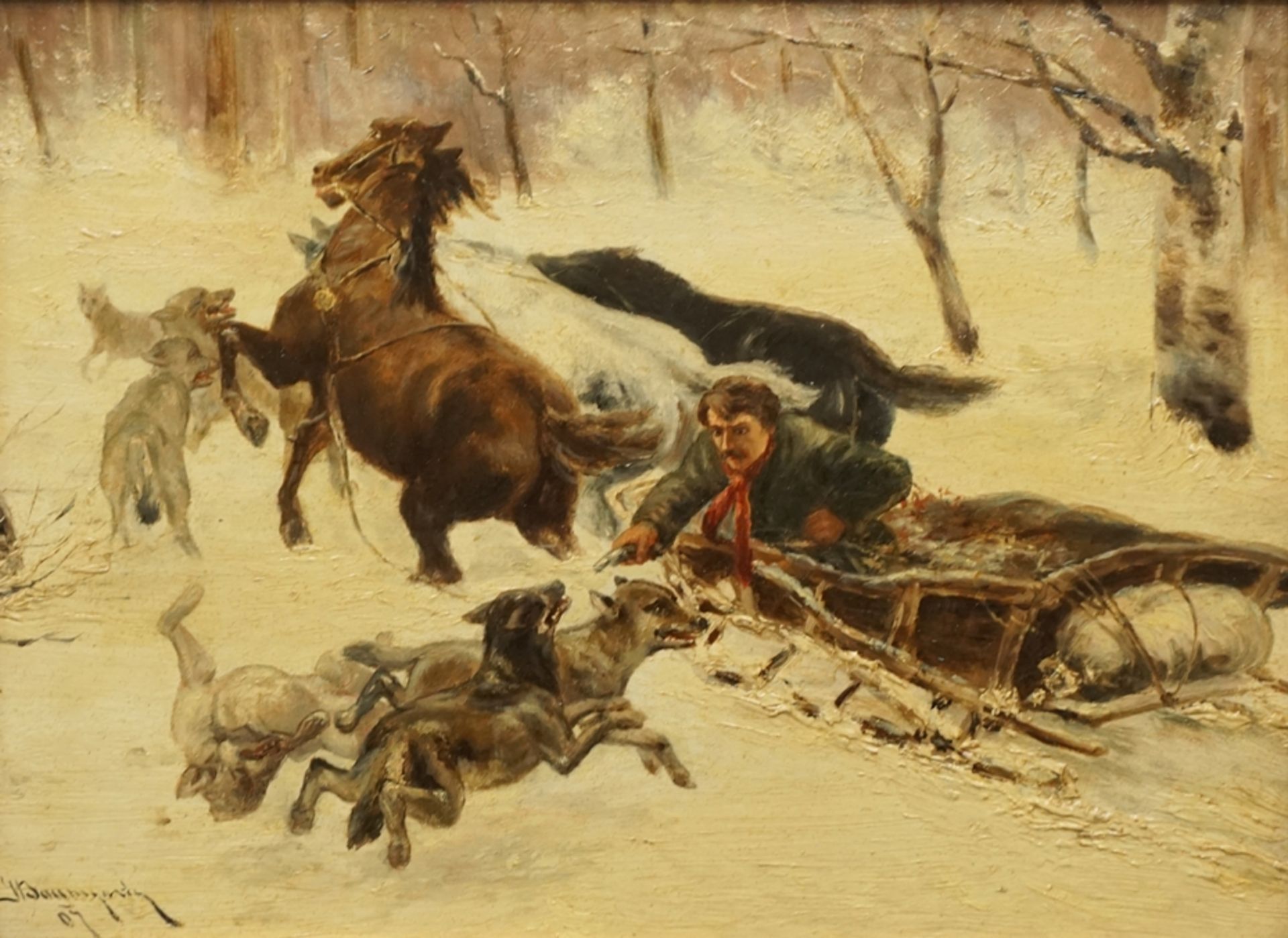 attr. Adolf Baumgartner-Stoiloff (1850, Linz-1924, Vienna), "Wolf hunting", 1907, oil/canvas