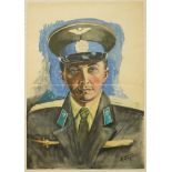 attr. Michail Bozhij (1911-1991, RUS), "Porträt des sowj. Kosmonauten Georgy Beregovoy", Gouache/Pa