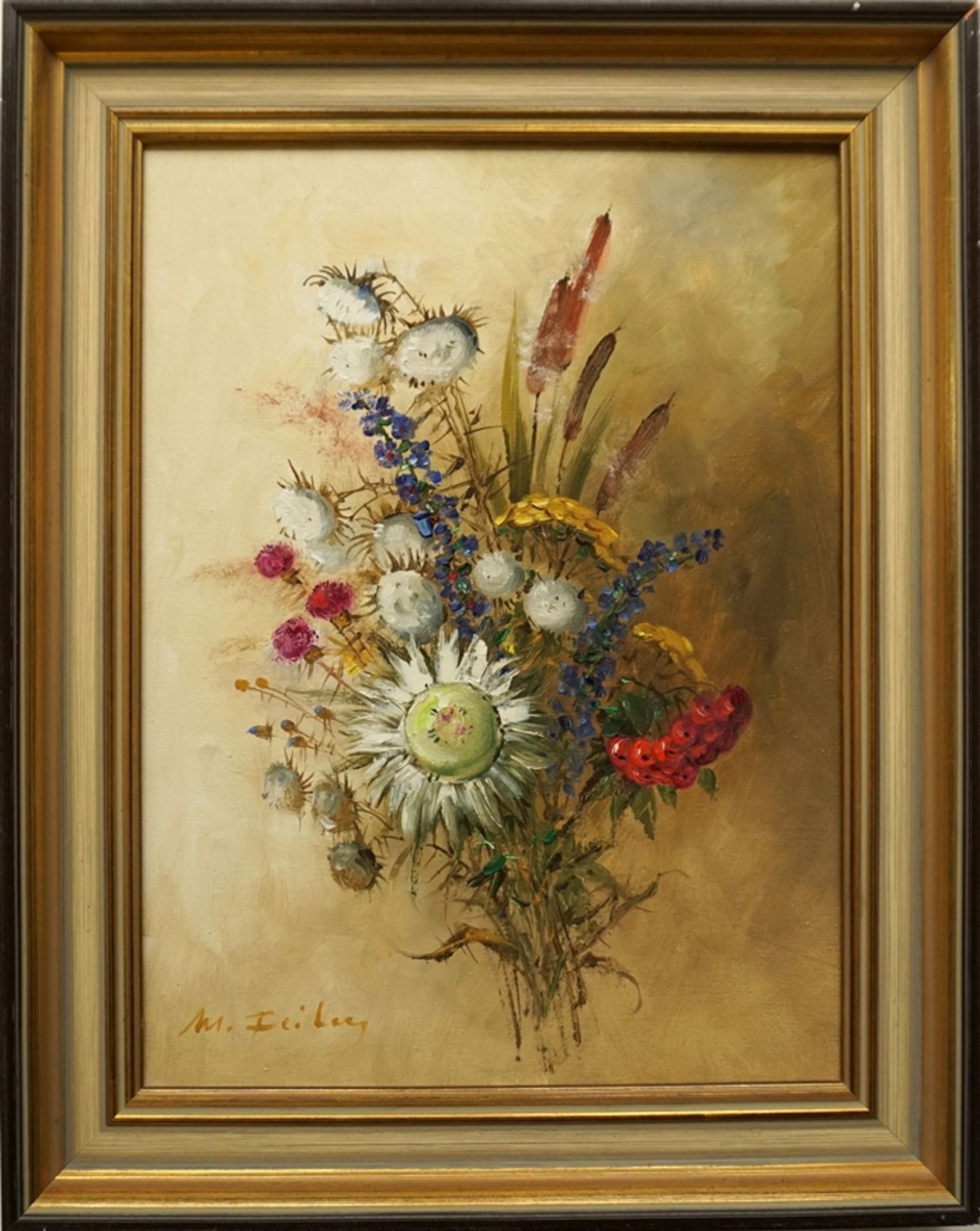 Manfred Feiler (*1925, Plauen - 2020, ibid.), "Bouquet of field flowers with silver thistles", oil/