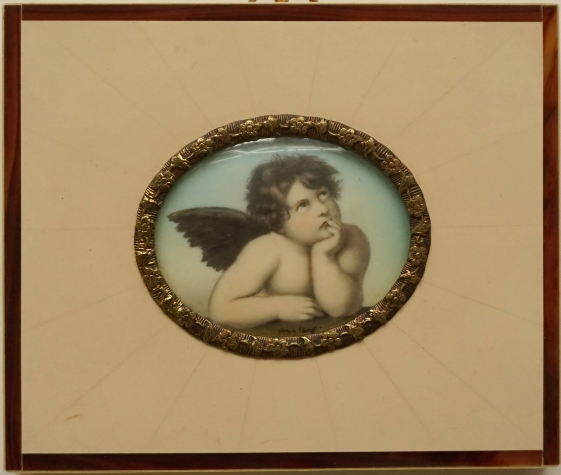 Miniaturbildnis, "Engel" nach Raphael, 2. Hälfte 20. Jh., farbig staffierter Druck