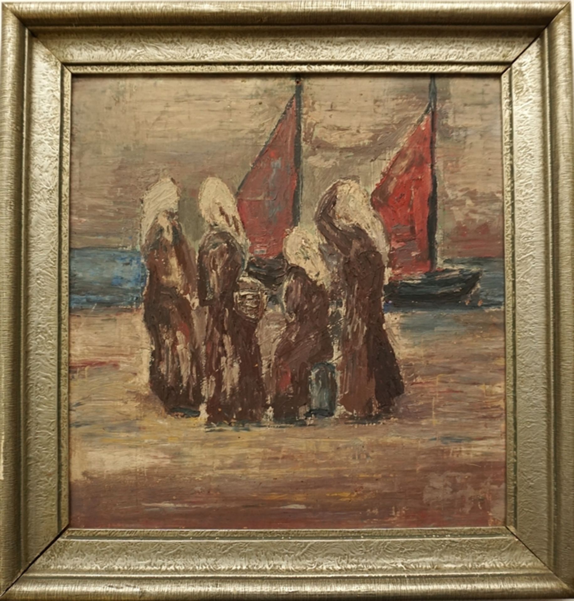 anonymer Künstler, "Vier Frauen am Strand", 1. Hälfte 20. Jh., Gouache/Hartfaser