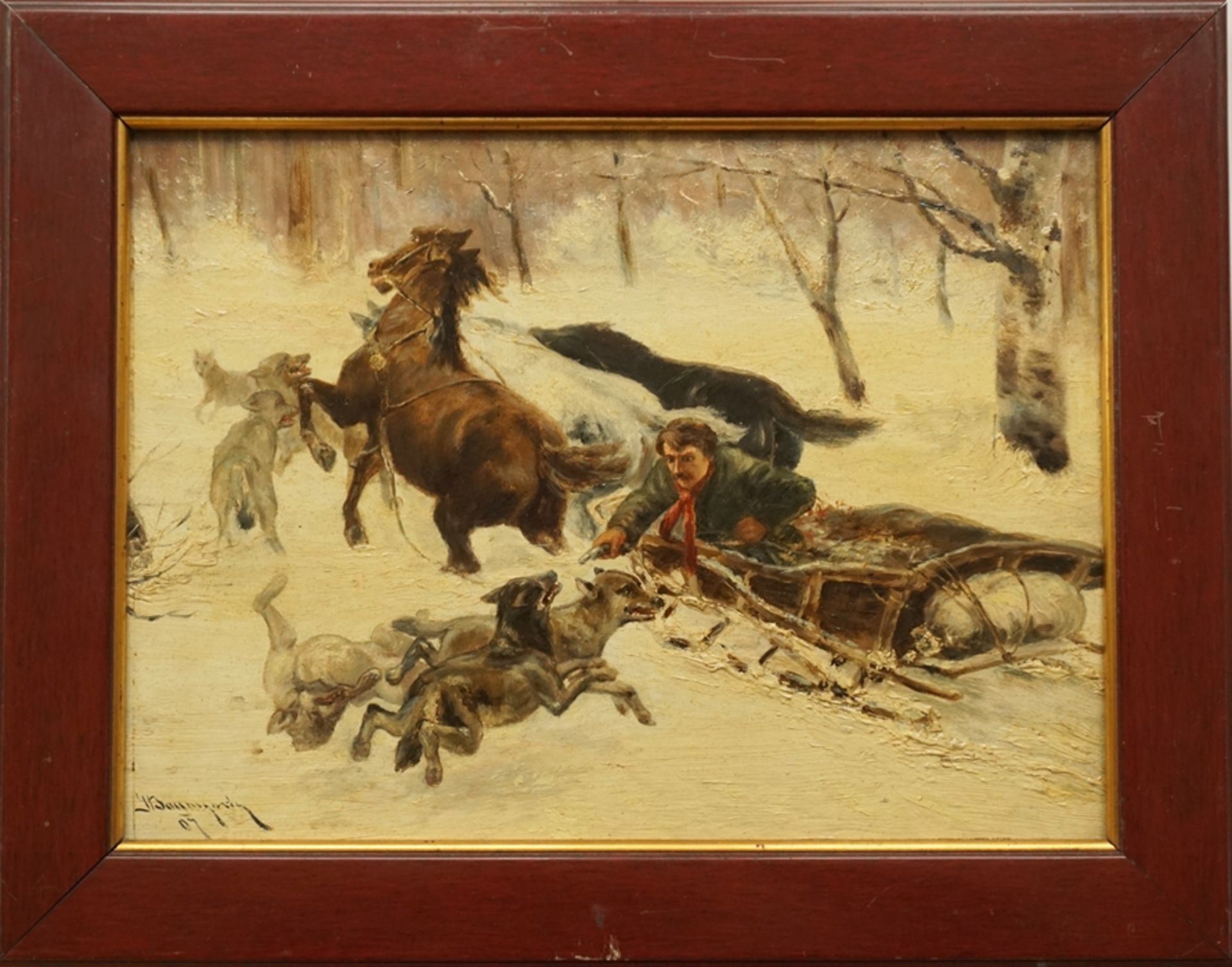 attr. Adolf Baumgartner-Stoiloff (1850, Linz-1924, Vienna), "Wolf hunting", 1907, oil/canvas - Image 2 of 4