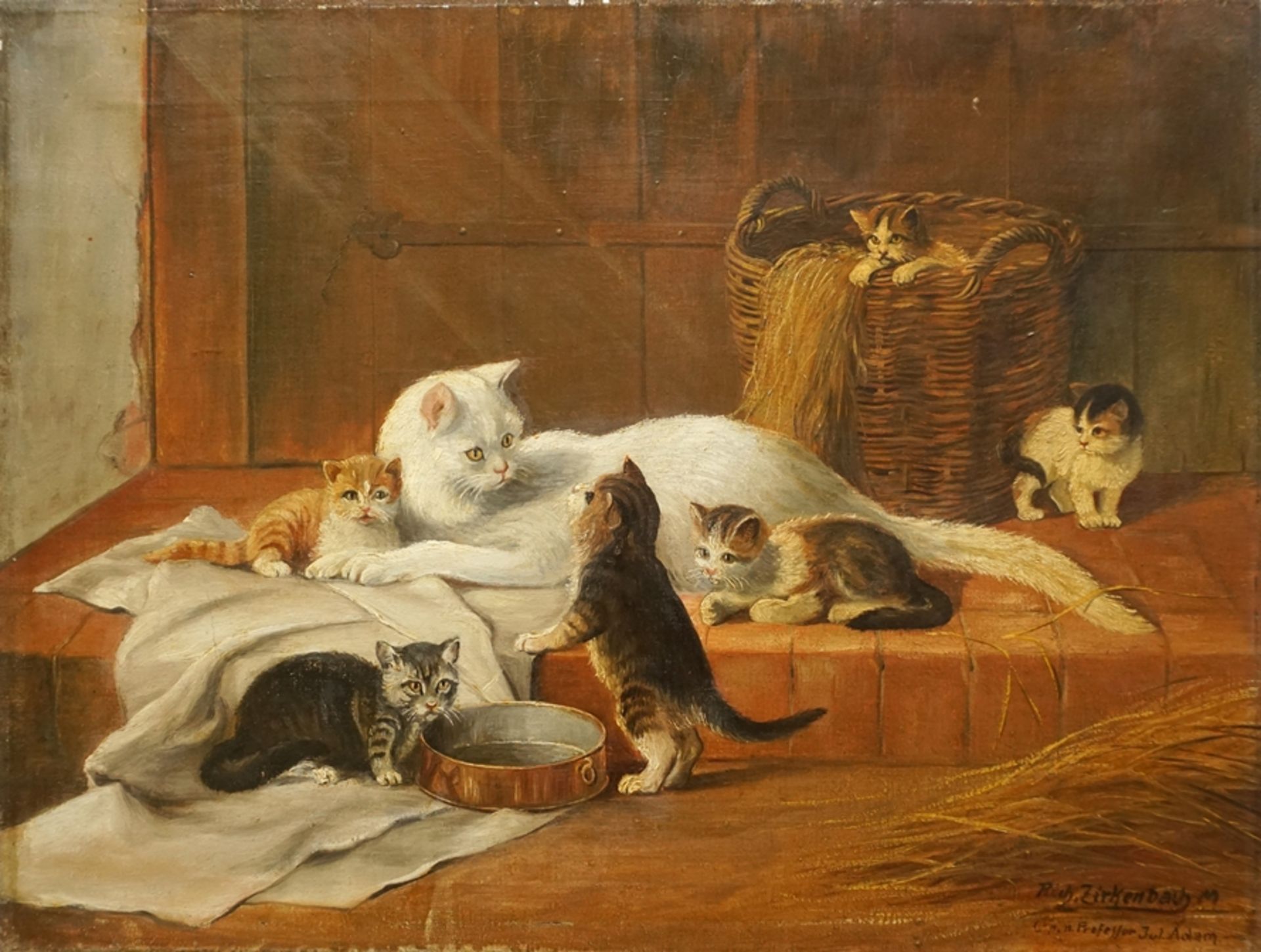 Richard Zirkenbach (Magdeburg painter of the 20th century), "Cat family", 1st half 20th century, oi