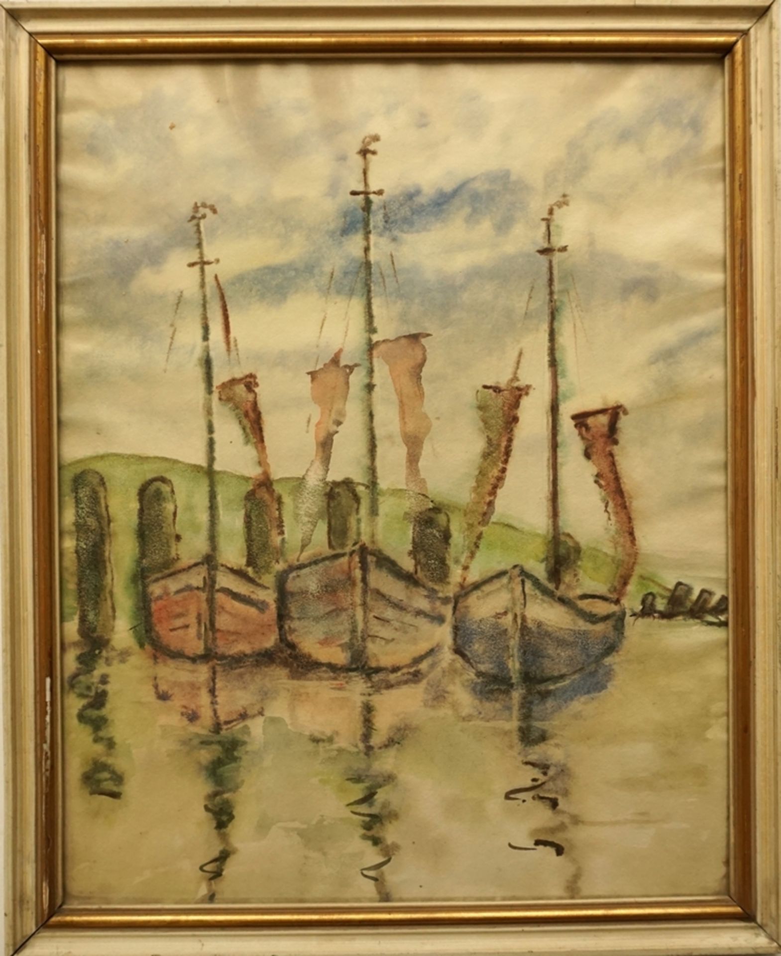 anonymer Künstler, "Anliegende Segelboote", frühes 20. Jh., Aquarell - Bild 2 aus 2