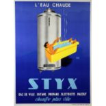 Hugh Pera, Altes Werbeplakat für Warmwasserboiler, L?Eau Chaude Styx, Frankreich, um 1950, Litho.<