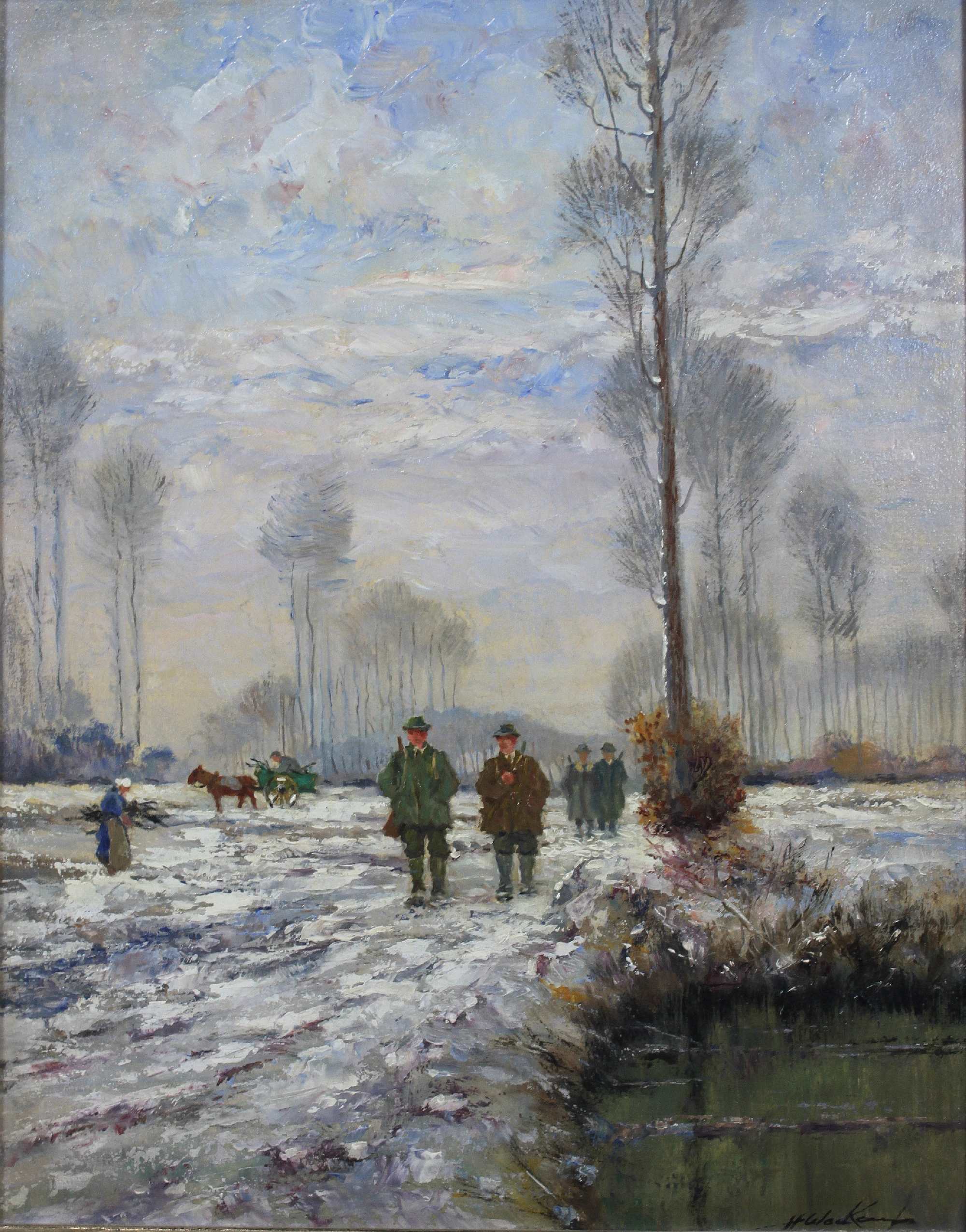 Heinrich Weckauf (deutsch, 1885 - 1963), Winterlandschaft mit Jägern, Öl a. Karton, Maße: 30 x 2