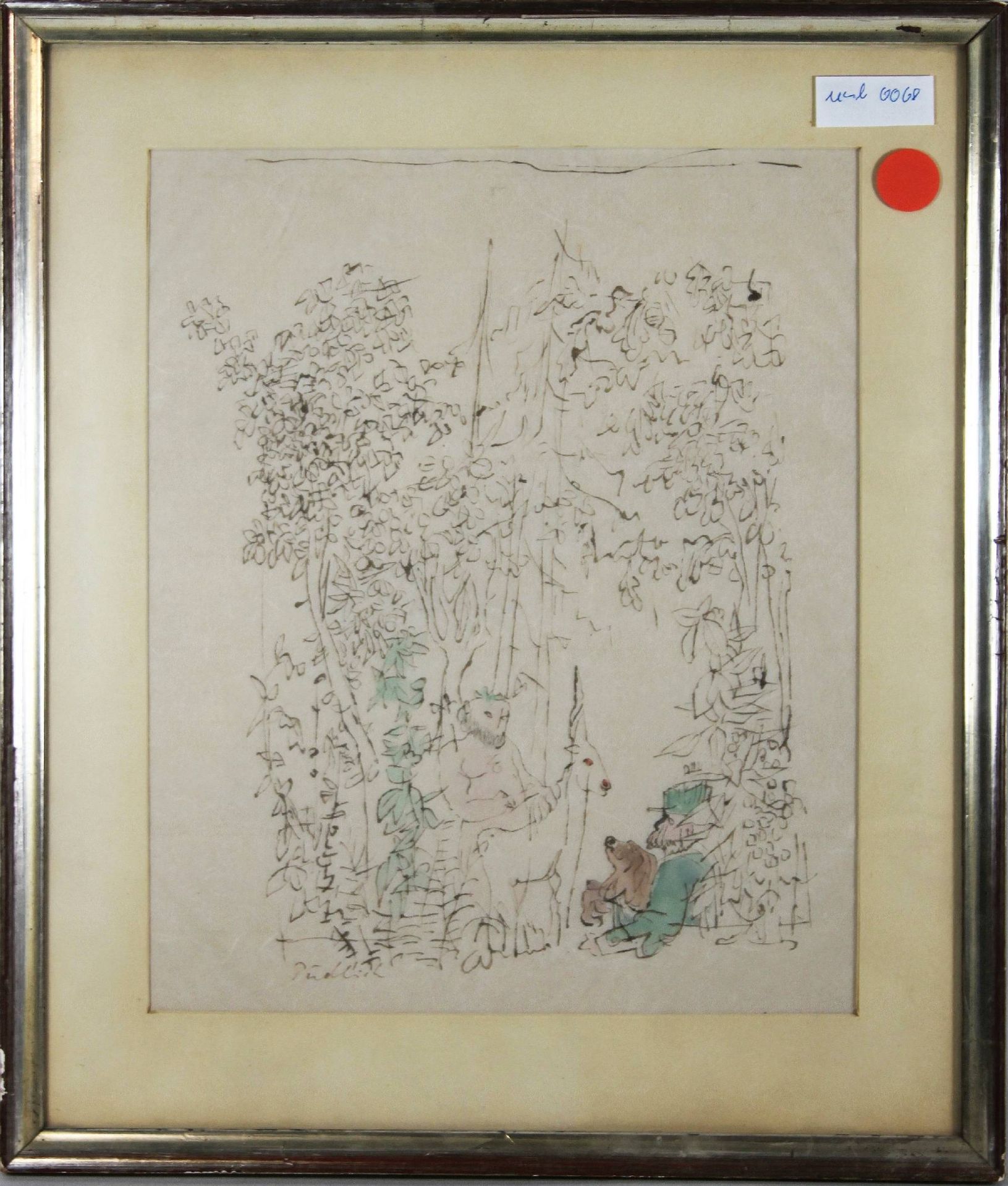 Robert Pudlich (Kunstakademie Düsseldorf, 1905 - 1962), Einhorn und Faun im Wald, Zeichnung, signi - Image 2 of 2