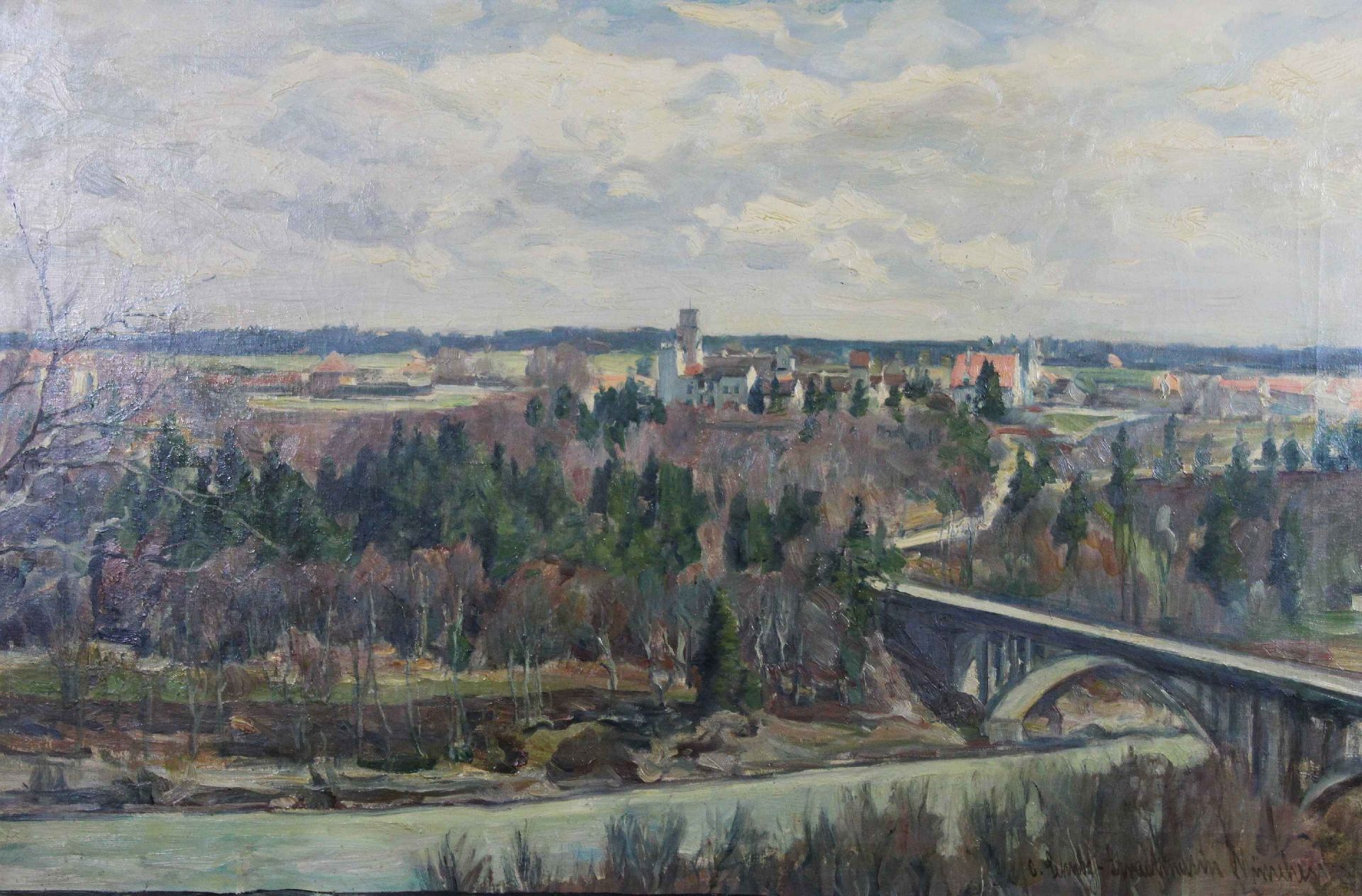 Otto Schulz-Stradtmann (deutsch, 1892 - 1960), Flusslandschaft mit Stadtansicht im Hintergrund, Öl