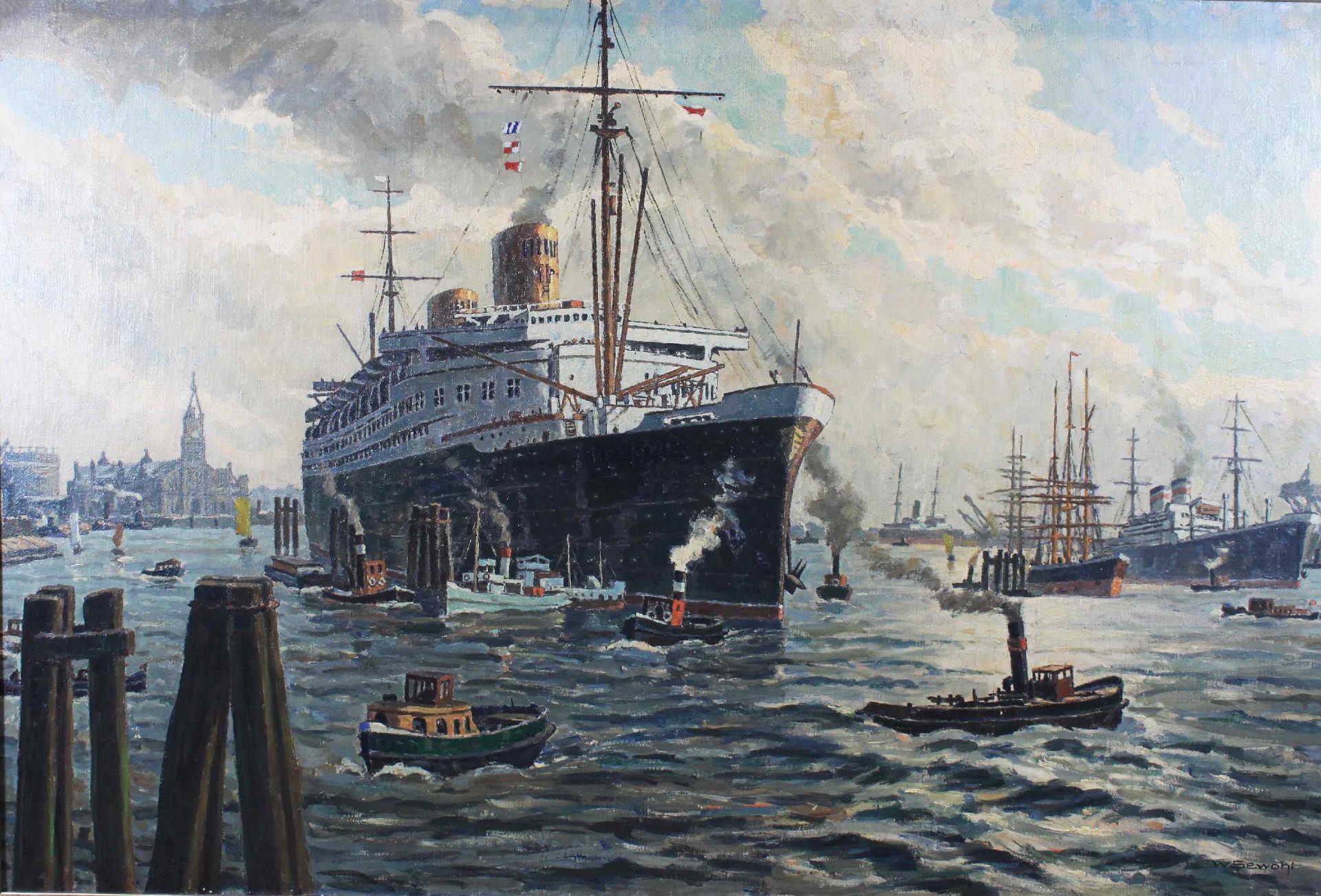 Waldemar Sewohl (deutsch, 1887 - 1967), Dampfschiffe im Hafen, Öl a. Lwd., un rechts sign., Maße<