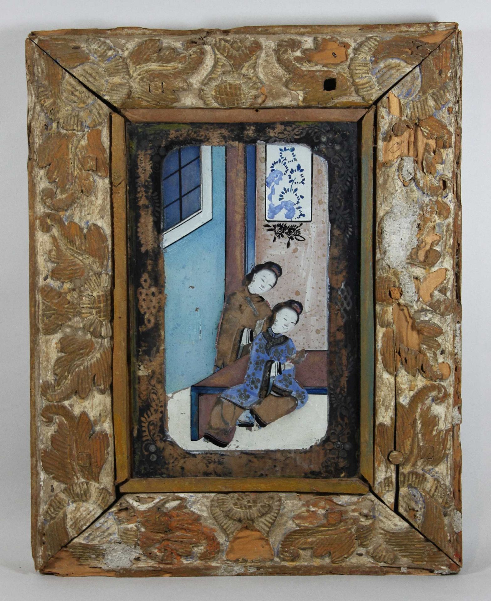 Hinterglasmalerei, Zwei Damen im Inneraum, China, 19./20. Jh., Maße: ca. 28 x 17,5 cm, gerahmt: 43 - Bild 2 aus 2