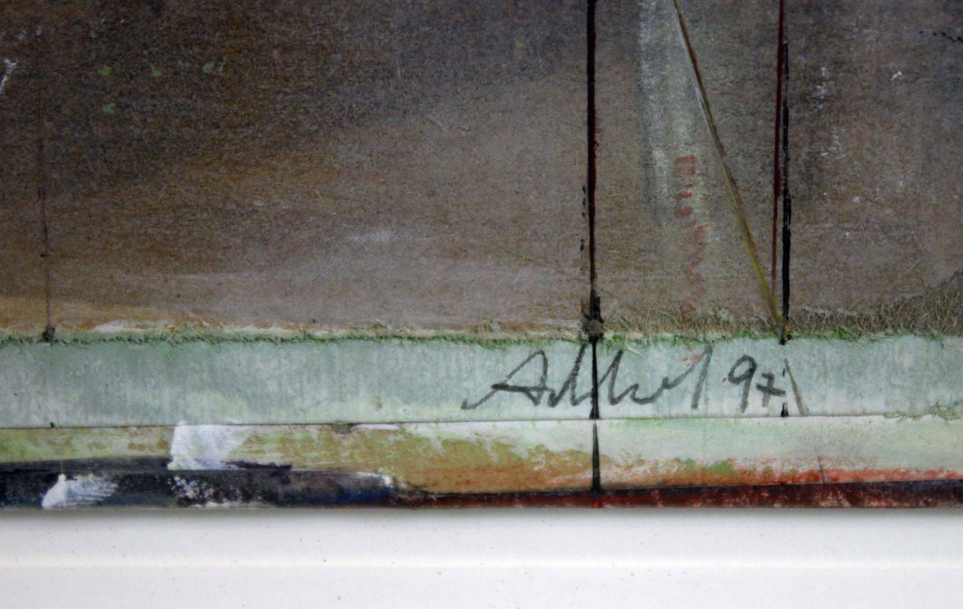 Zeitgenössische Kunstler, Aquarell/Collage a. Papier, 1997, signiert und dat., Blatt.: ca. 20 x 20 - Image 3 of 3