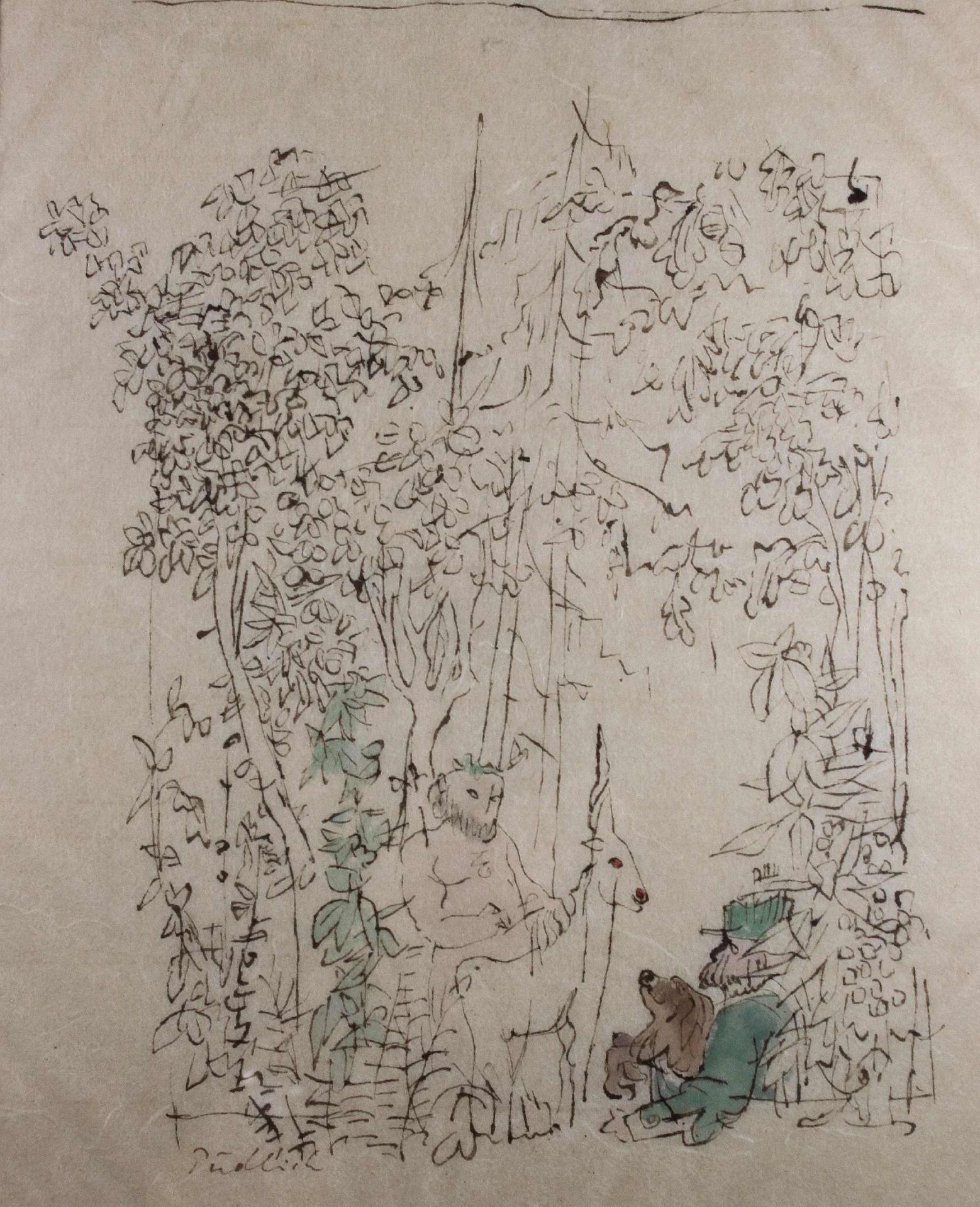 Robert Pudlich (Kunstakademie Düsseldorf, 1905 - 1962), Einhorn und Faun im Wald, Zeichnung, signi