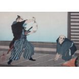 Kabuki-Szene, Japan, Holzschhnitt in Farbe, wohl 19. Jh., Inschriften am rechten Bildrand., unten l