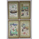 Vier Miniaturen, Persien, Stoff, Szenen mit Schifffahrt, Polo-Spiel, Jagd und Spaziergang, teilweis