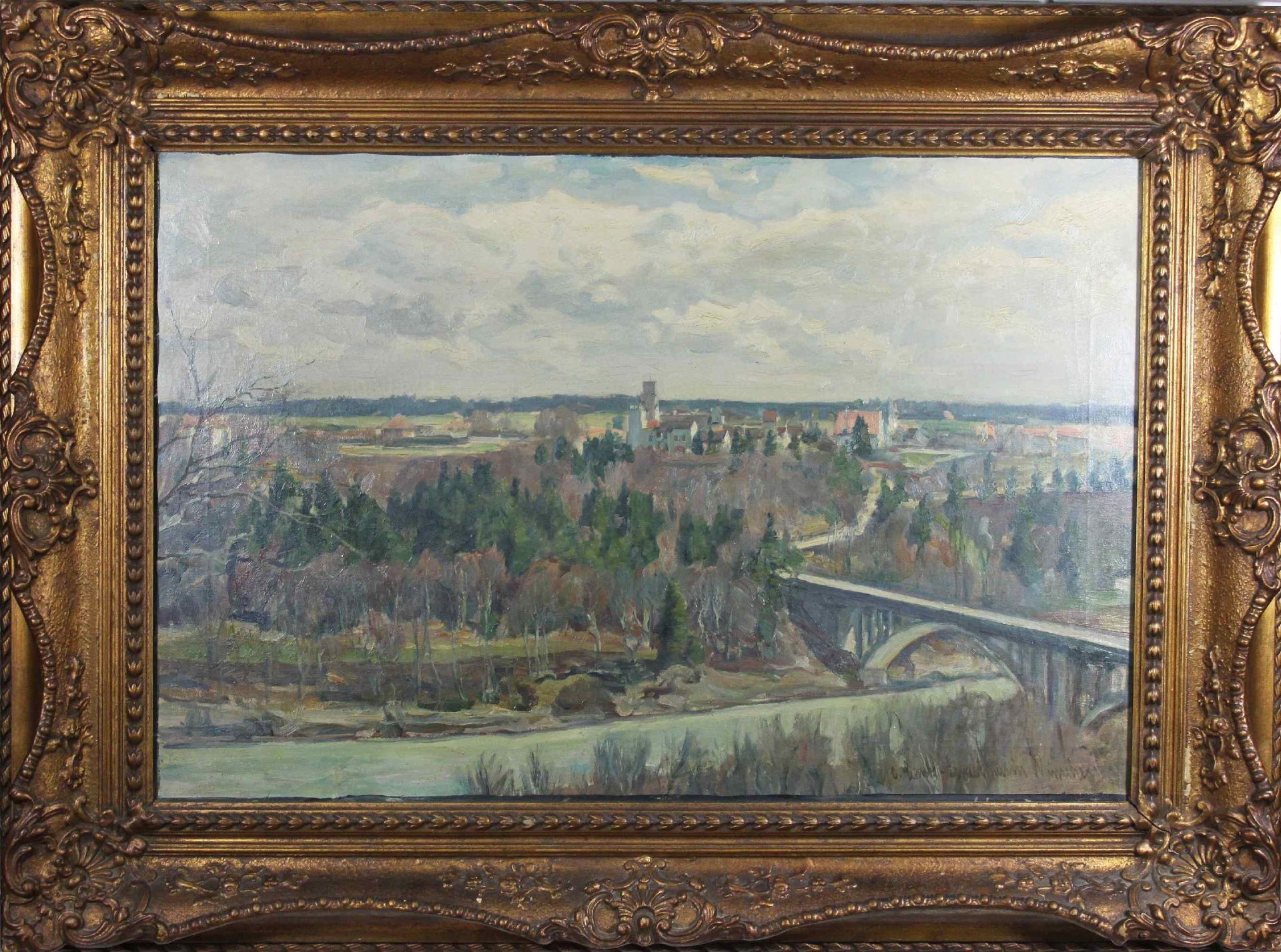 Otto Schulz-Stradtmann (deutsch, 1892 - 1960), Flusslandschaft mit Stadtansicht im Hintergrund, Öl - Bild 2 aus 3