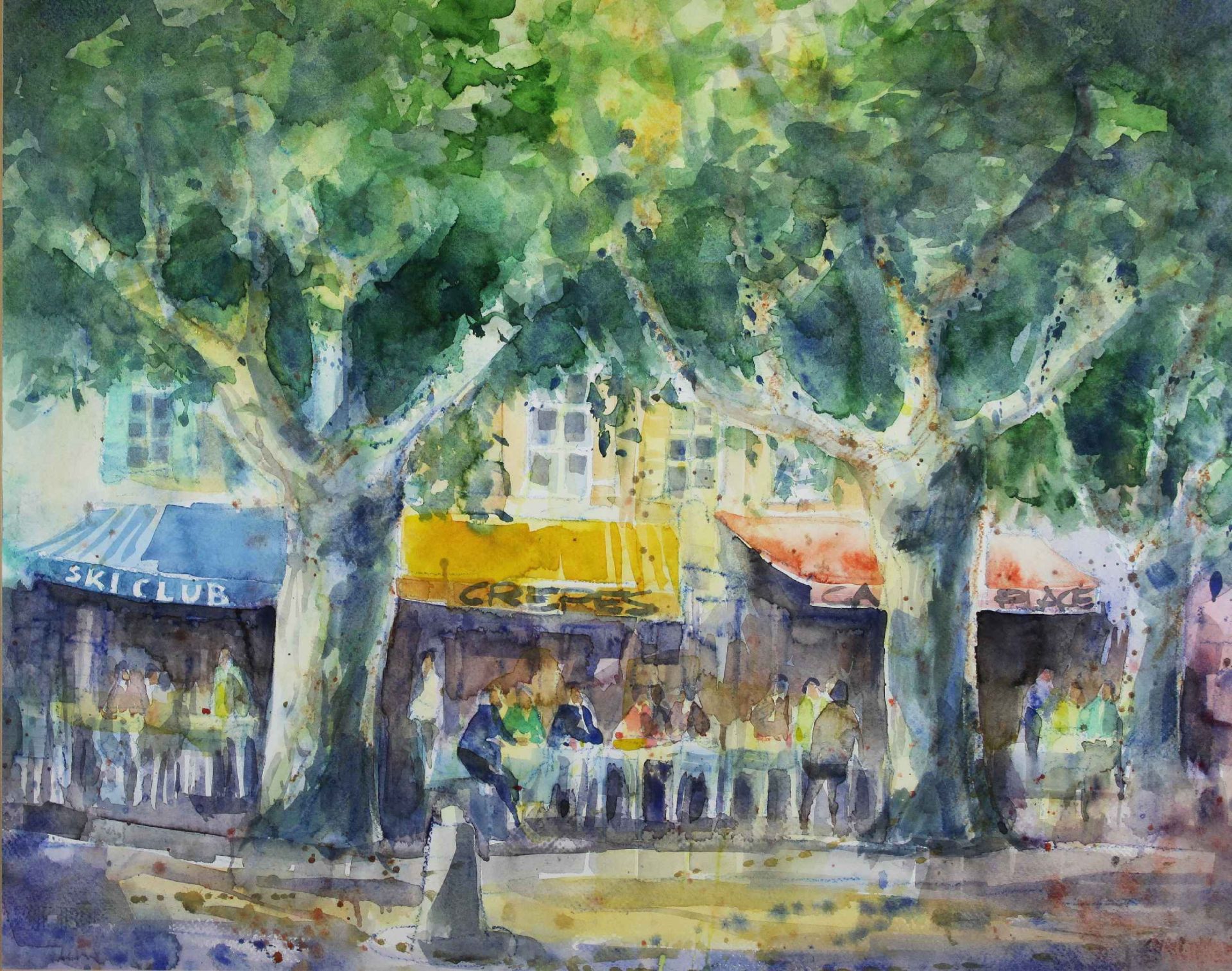 Jean Claude Picard (geb. 1945, Freiburg/Br), Sommerliche Cafeterrasse, Aquarell, Lichtmaße: 47 x 5