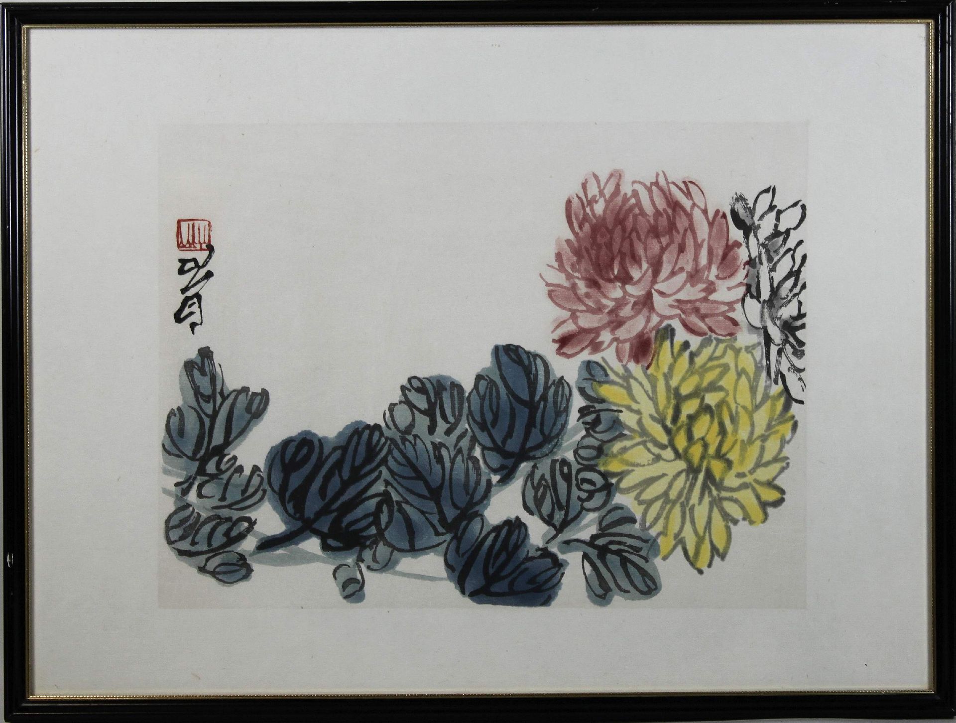 Lotusblumen, Holzschnitt in Farbe, China, Inschift links mit rotem Stempel. Maße: 44,5 x 33,5 cm (