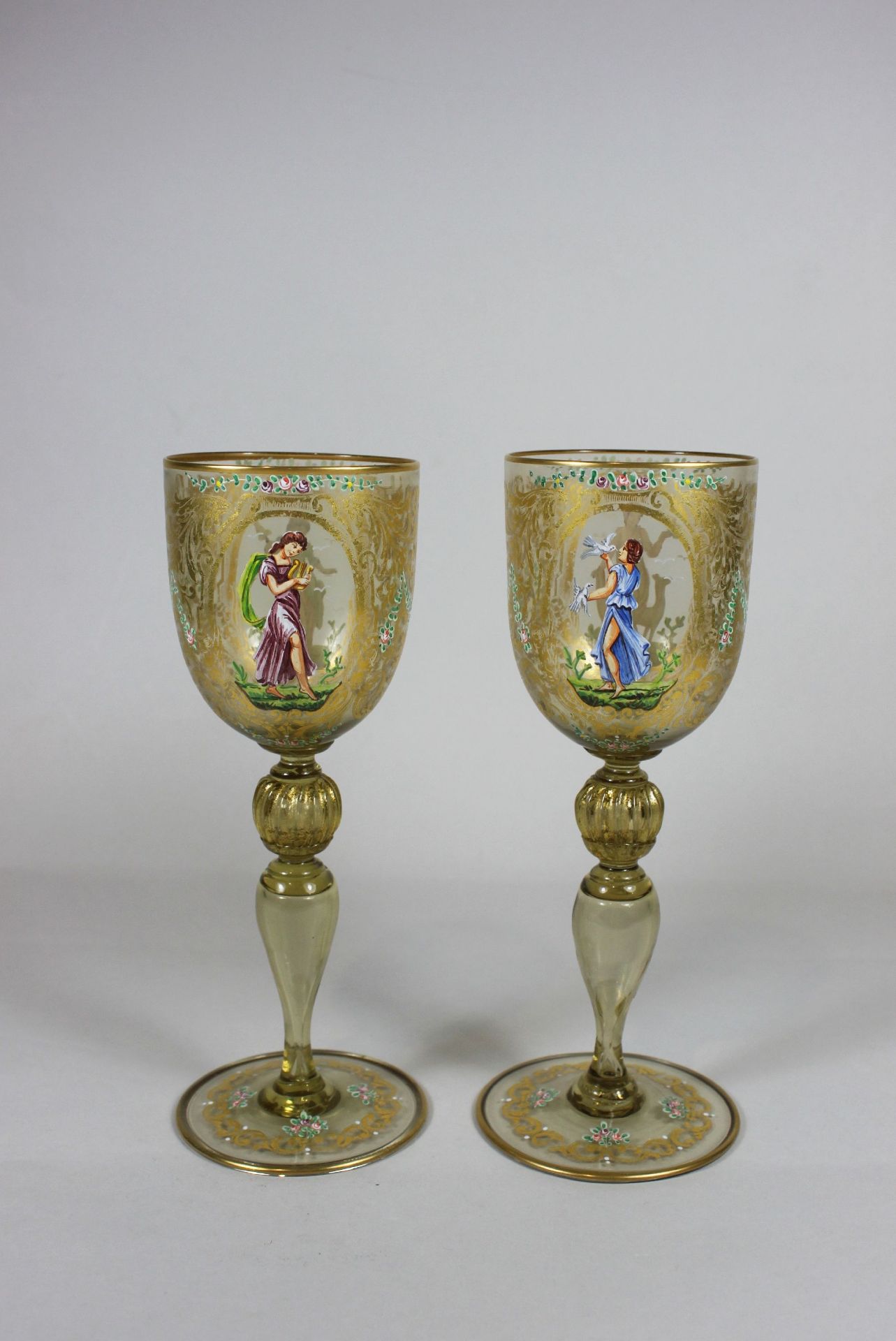 Murano Gläser, 1970er, je zwei Wein-, Champagner-, Aperetiv- und vier Likörgläser, purpur und ge - Bild 2 aus 10
