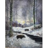 Heinrich Weckauf (deutsch, 1885 - 1963), Winterlandschaft mit zwei Wildschweinen, Öl. a. Karton, u