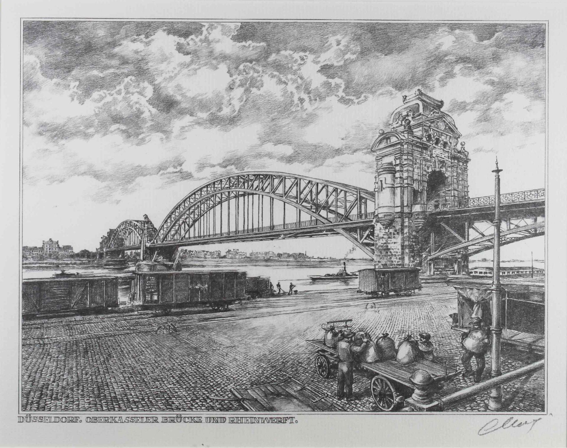 Düsseldorf. Oberkasseler Brücke und Rheinwerft, Zeichnung