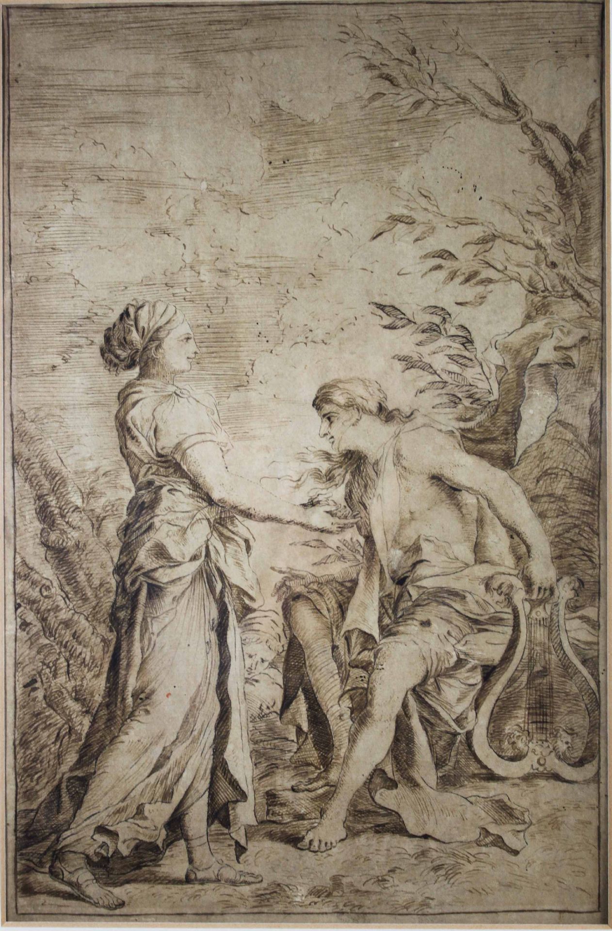 Unbekannter Künstler, Zeichnung, antike Szene mit einer Frau und einem Mann mit Harfe, Bleistift a. 