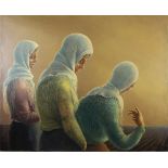 P. H. Priebe, deutscher Maler, 20. Jh., Drei Frauen in einem gepflügten Feld, 1946, Öl auf Leinwand
