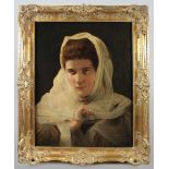Künstler des späten 19. frühen 20. Jh., Porträt einer jungen Frau mit Kopftuch, Öl a. Leinwand