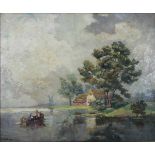 Joan Anacker (deutsch, 1878 - 1955), Uferszene mit Boot, Öl a. Karton