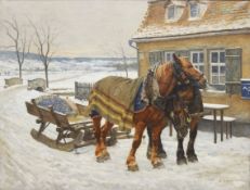 HOSSE, Adolf: Pferdefuhrwerk vor dem Gasthaus im Winter