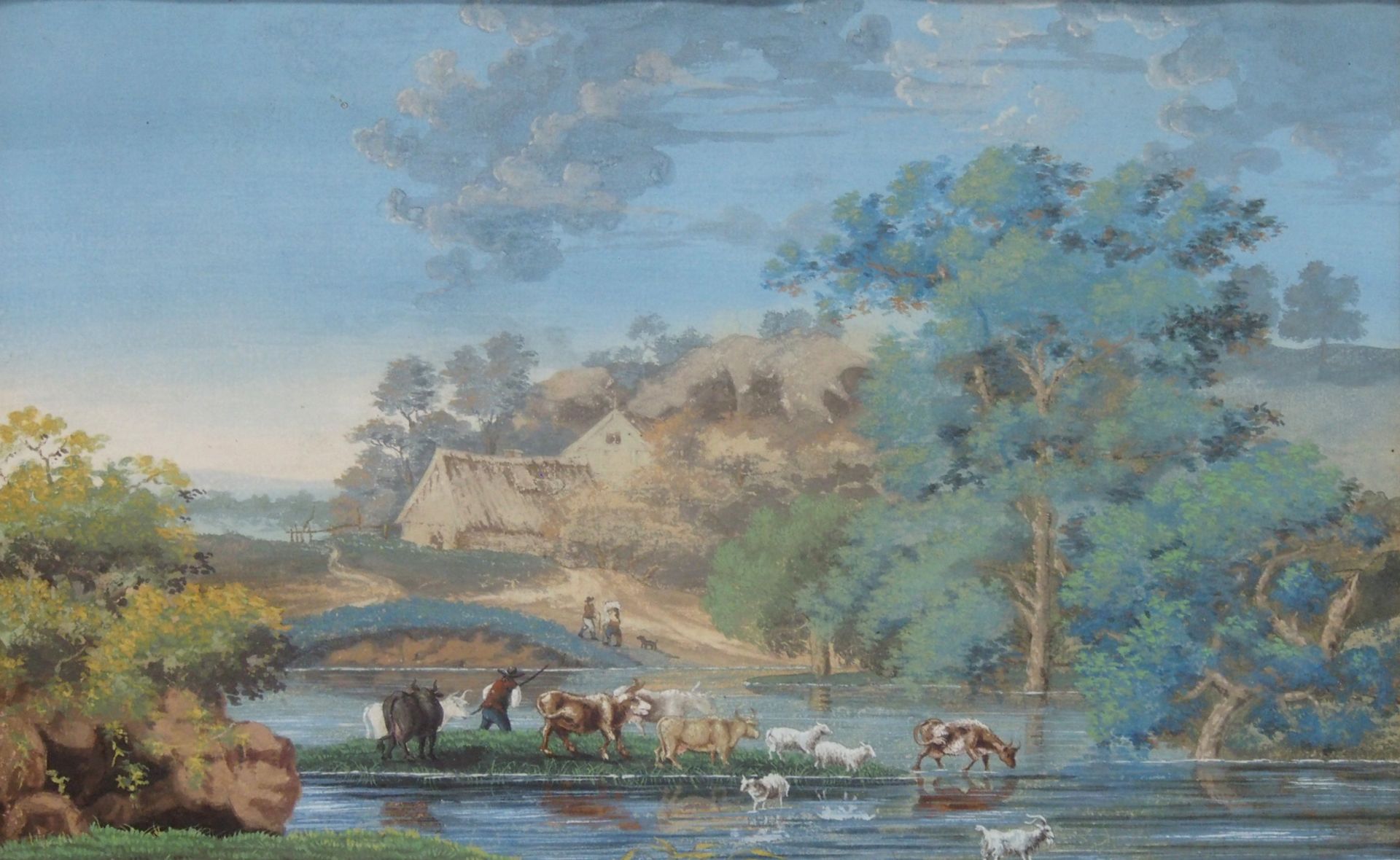 FLÄMISCHER MEISTER: Hirte mit seiner Herde beim Übergang eines Flusses