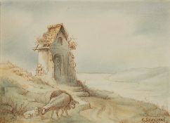 SCHEUREN, Caspar Johann Nepomuk: Bildstock mit Schafen oberhalb eines Flusses