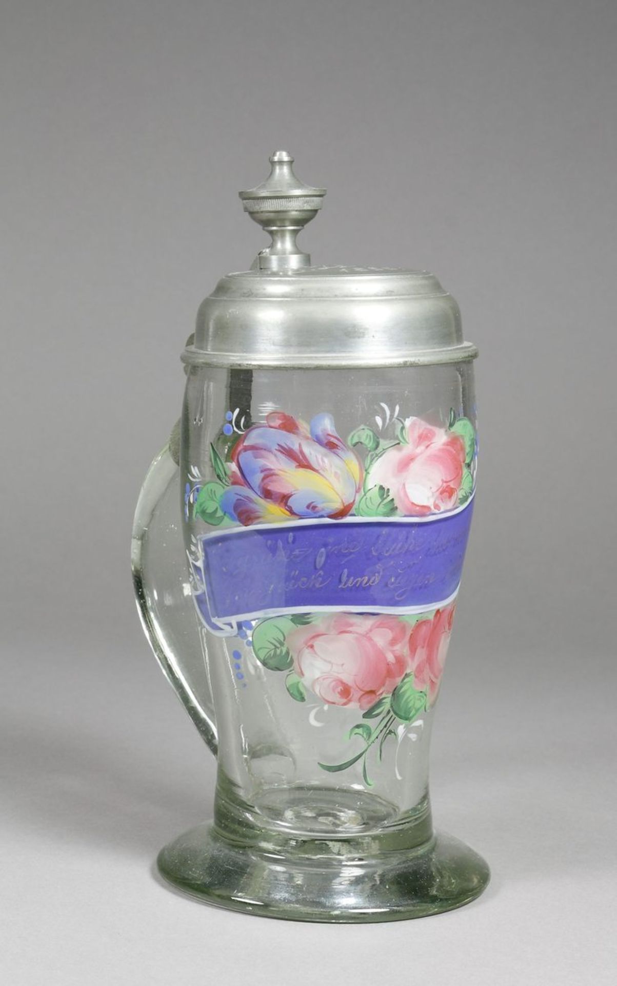 Hochzeitskrug, Glas mit Zinndeckel, Lausitz, 1855