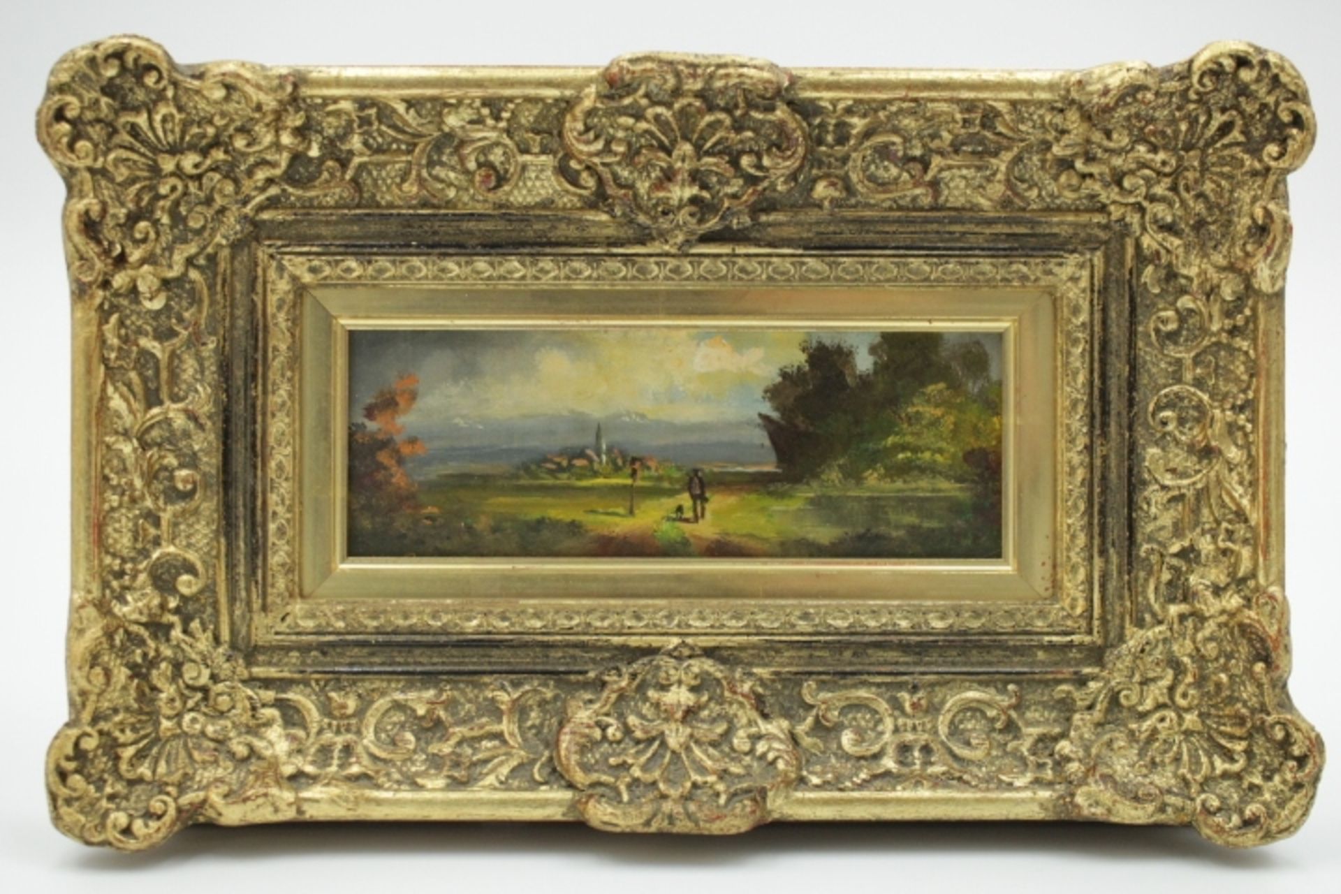 Voralpen Landschaft mit Dorf im Hintergrund Öl/Platte wohl um 1920 verso bez. Bergir 21x10cm