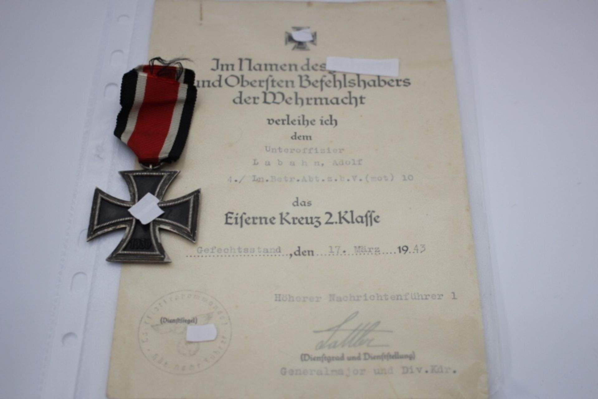 Eisernes Kreuz 2.Klasse mit Verleihungs Urkunde EK ohne Herst. Gebraucht