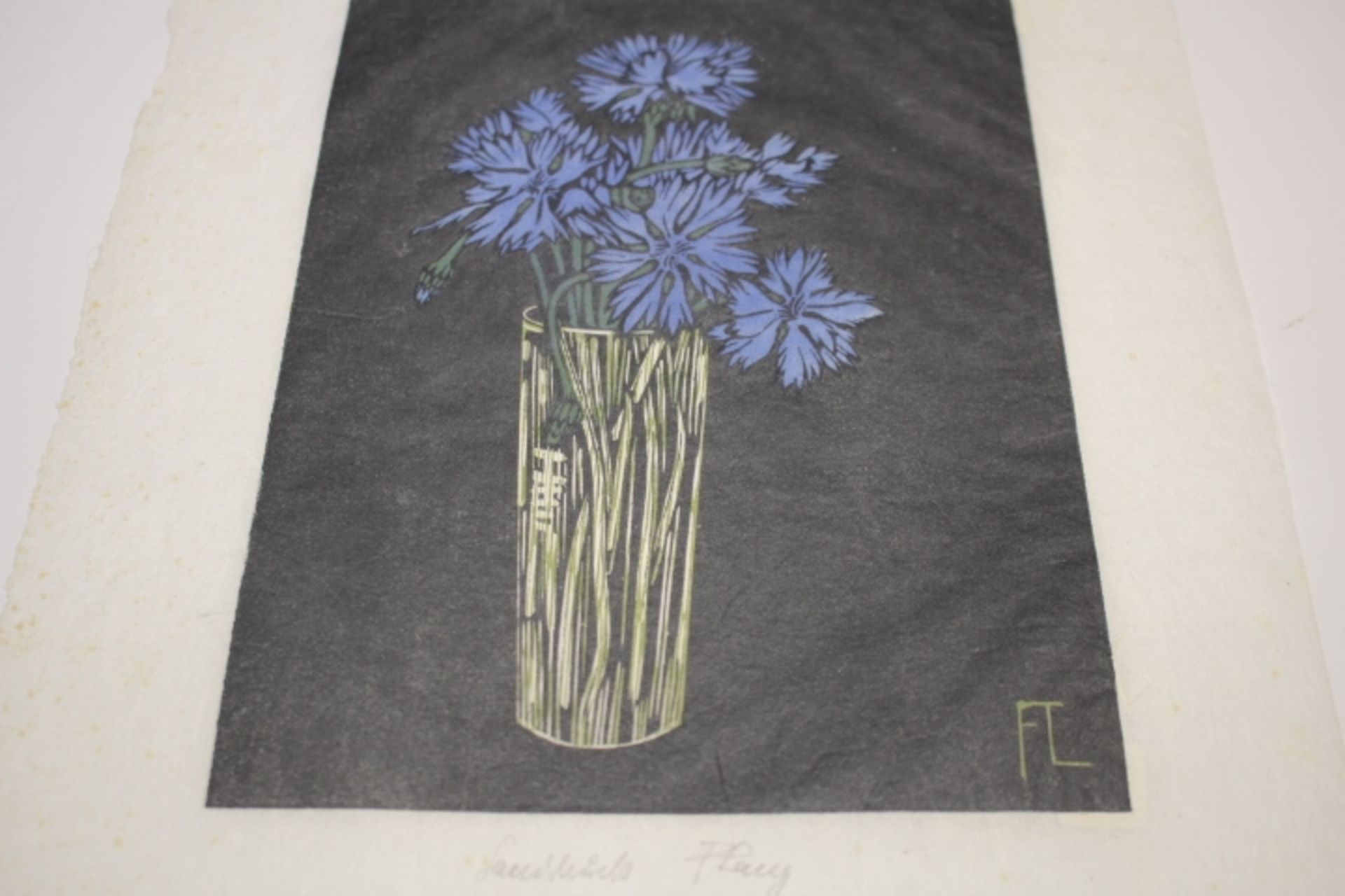 Lang,Fritz 1877-1961 Holzschneider Kornblumen in hoher Vase « Farb Holzschnitt bez.Handdruck