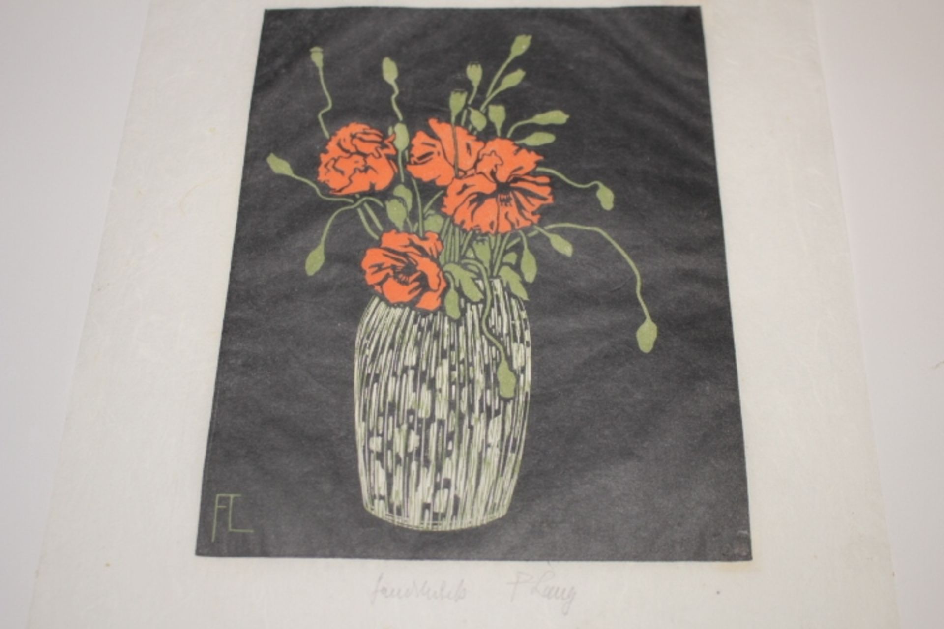Lang,Fritz 1877-1961 Holzschneider Mohnblumen in bauchiger Vase « Farb Holzschnitt bez.Handdruck