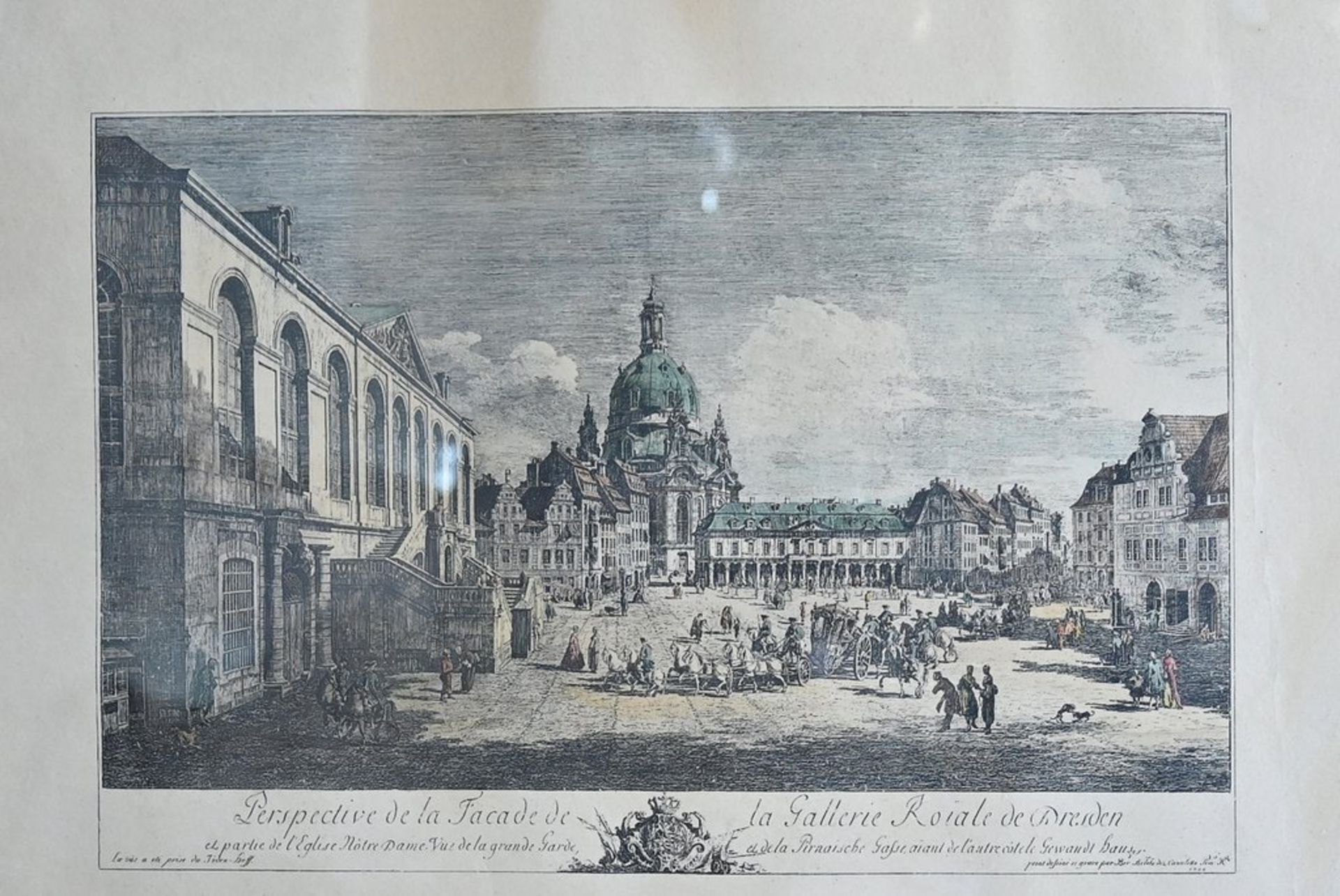 Colorierte Lithografie, um 1900, Ansicht der Frauenkirche Dresden von 1749, Grafische Kunstanstalt