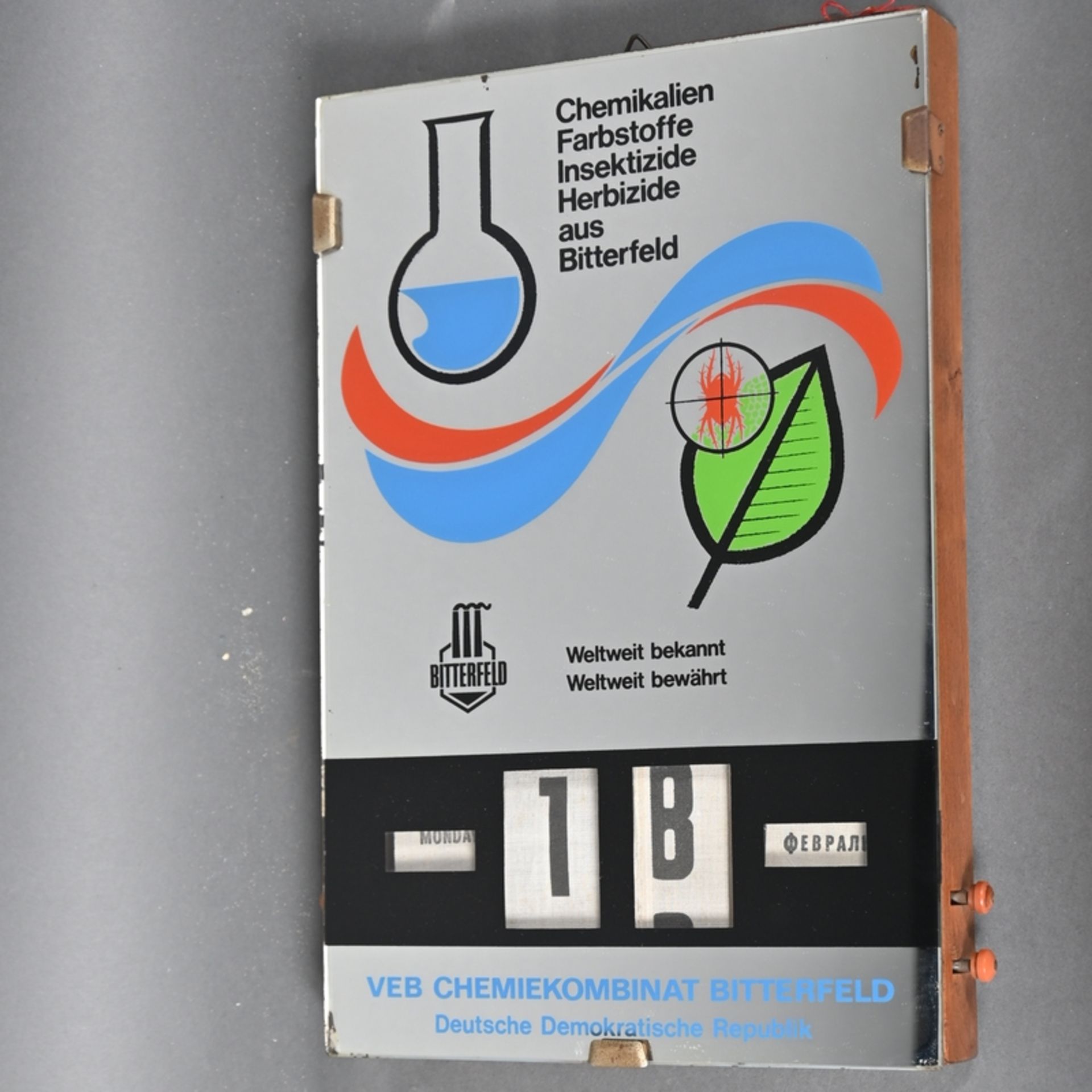 VEB Chemiekombinat Bitterfeld DDR, Drehkalender immerwährend, Wochentage und Monat in deutscher,