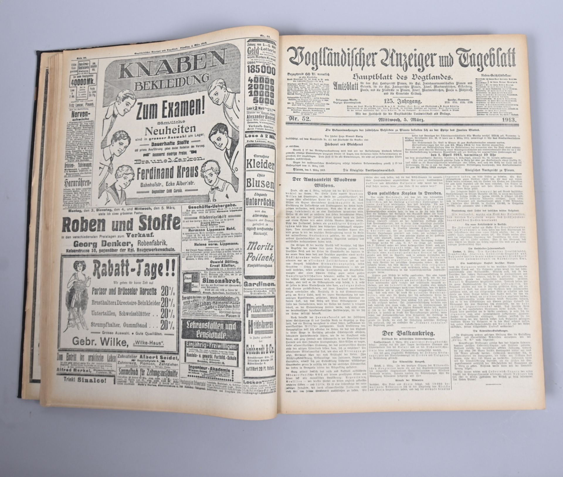"Vogtländischer Anzeiger" vom 1. März bis 30. April 1913, gebunden, sehr gute Erhaltung,