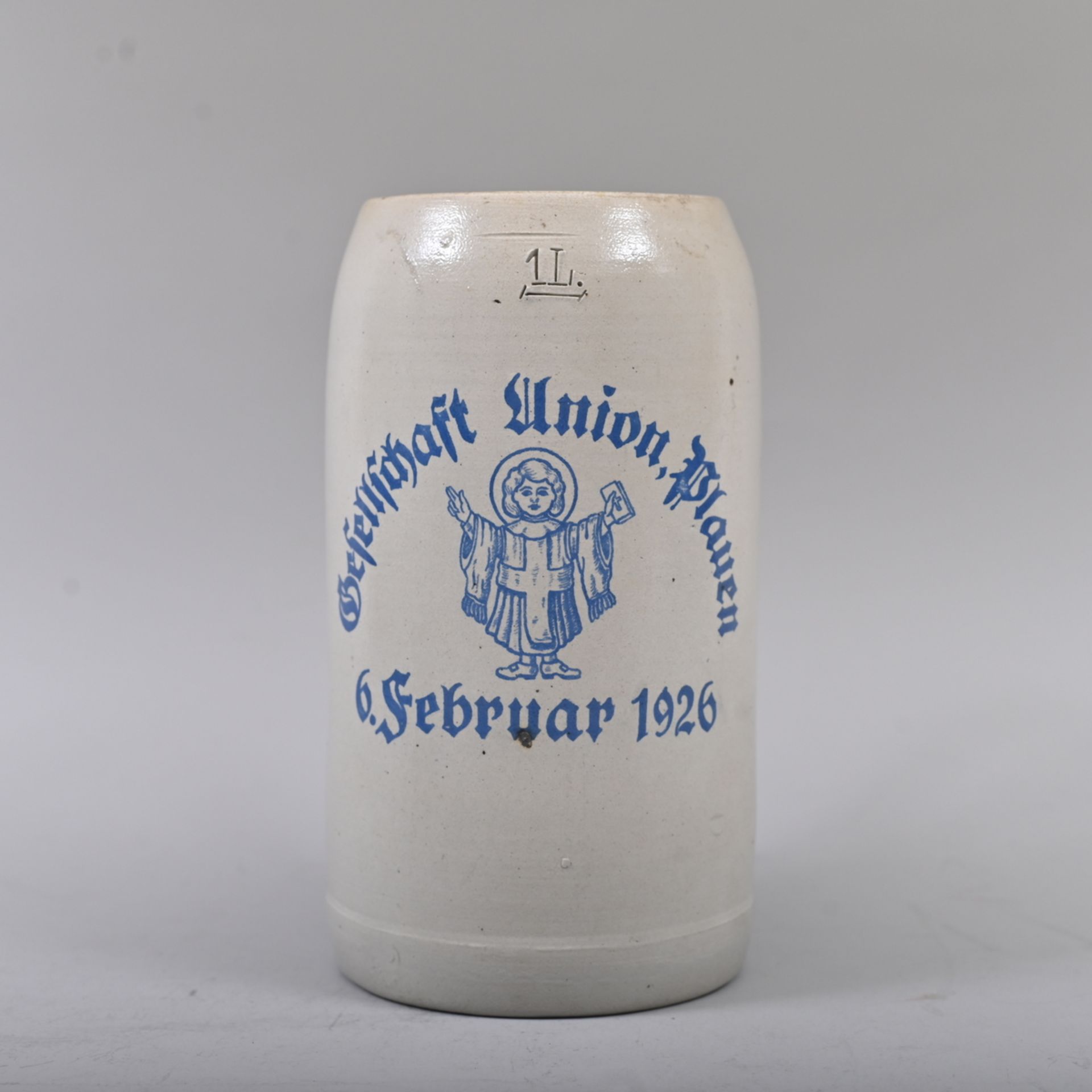 Maßbierkrug, bez. mit "Gesellschaft Union Plauen, 6. Februar 1926", grauer Scherben, guter