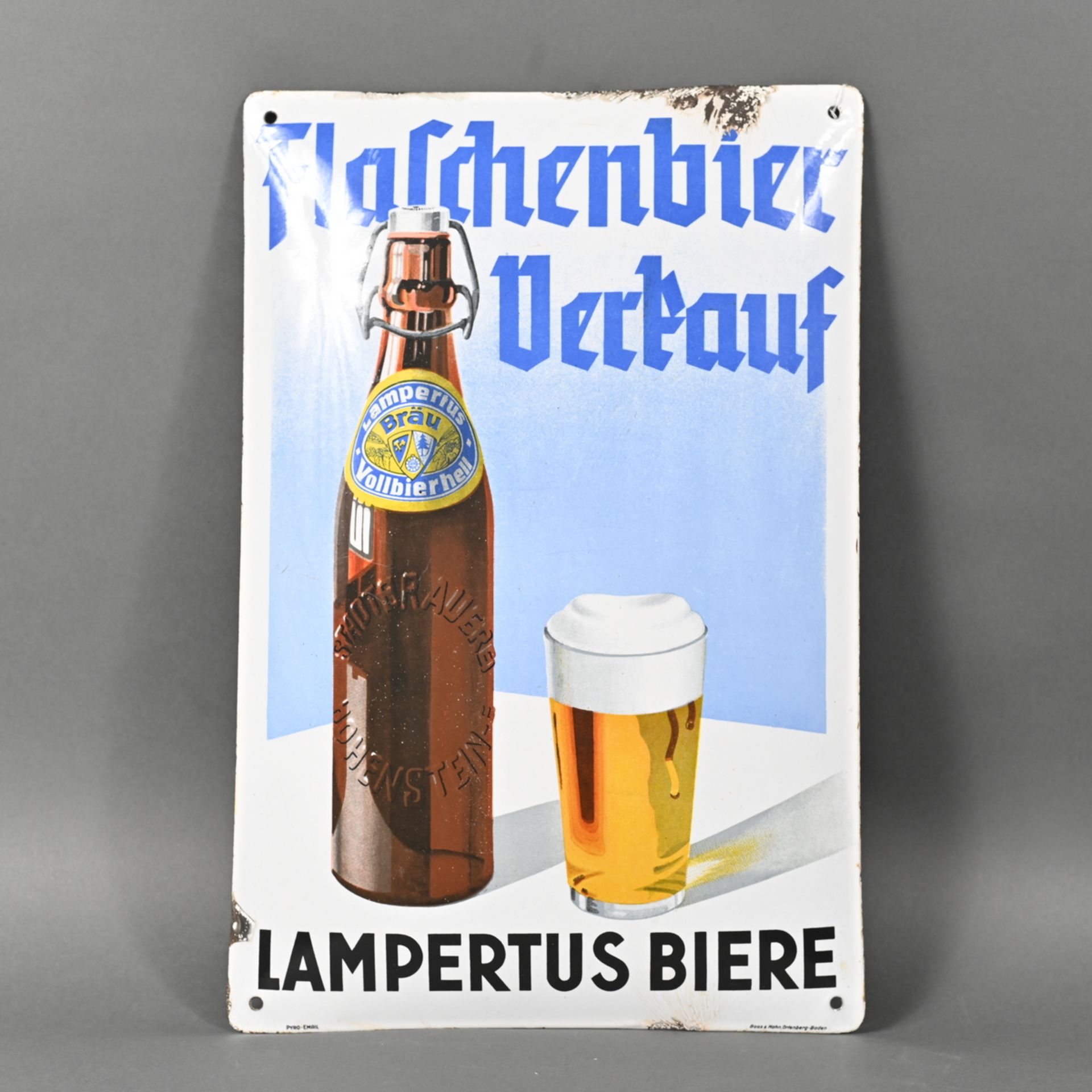 "Lampertus-Biere" Hohenstein-Ernstthal Flaschenbier-Verkauf, Emailleschild um 1930, gewölbt,
