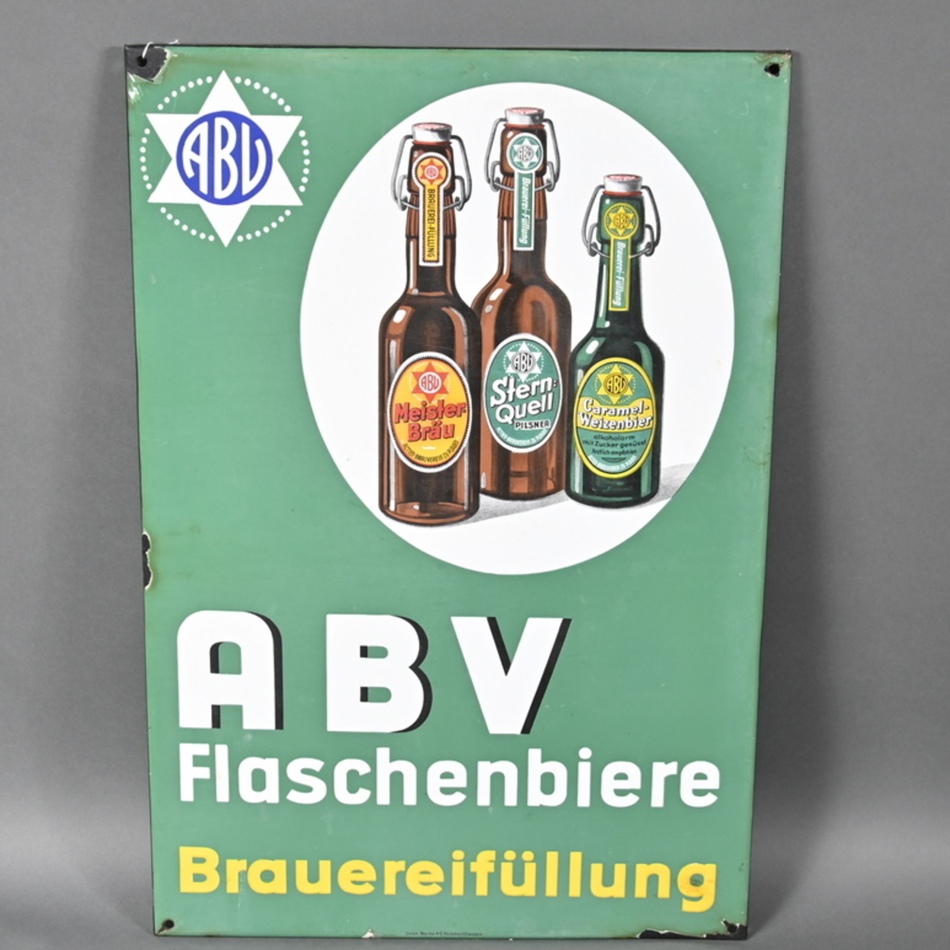 "Aktien- Brauereiverein zu Plauen" Flaschenbiere Brauereiabfüllung, Emailleschild, abgekantet, um