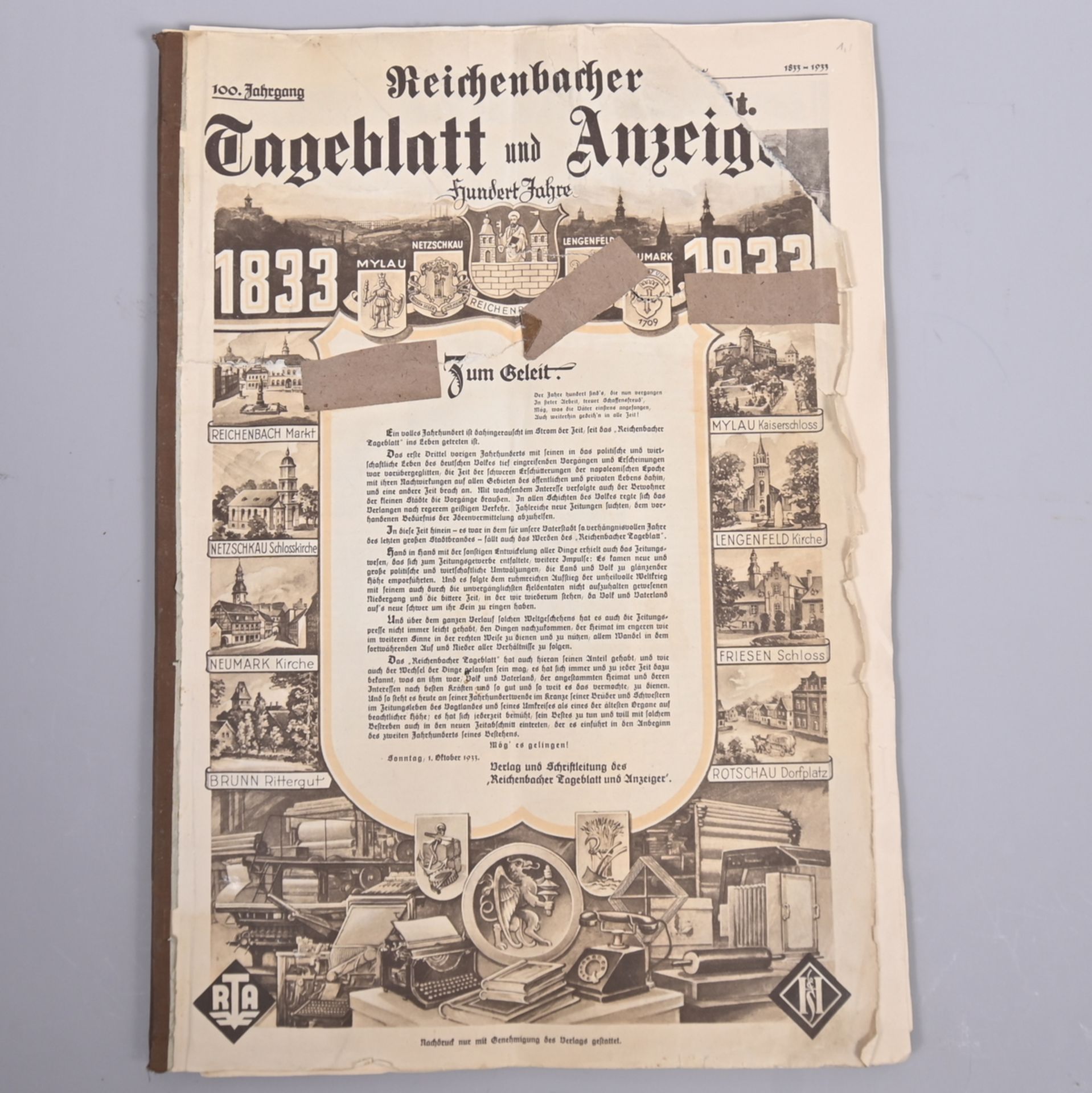 "Reichenbacher Tageblatt und Anzeiger", 100. Jahrgang, 1833-1933, Jubiläumsausgabe, Nachdruck,