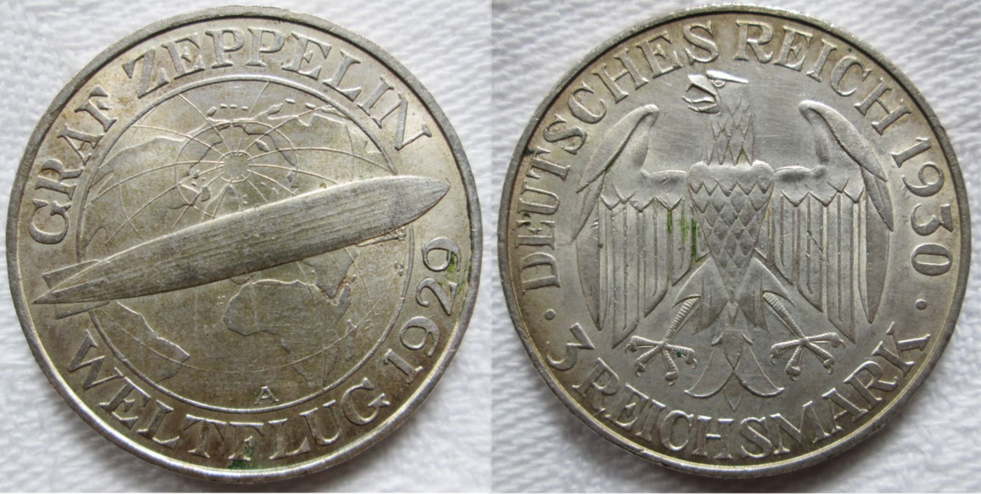 Weimarer Republik 3 RM Zeppelin Weltflug 1929, 1930 A, ss/vz