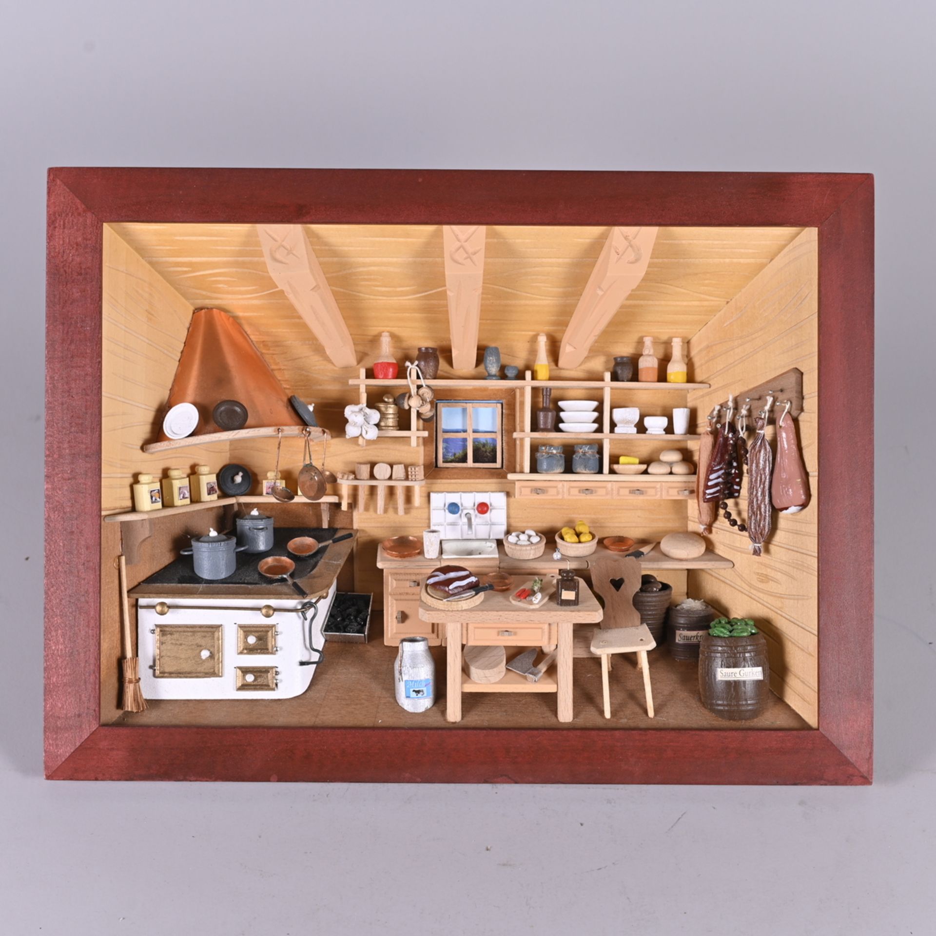 3D- Holzbild, Werkstatt Dieter Dorsch, Schweinfurt, "Nostalgische Küche", Handarbeit, 20. Jh.,