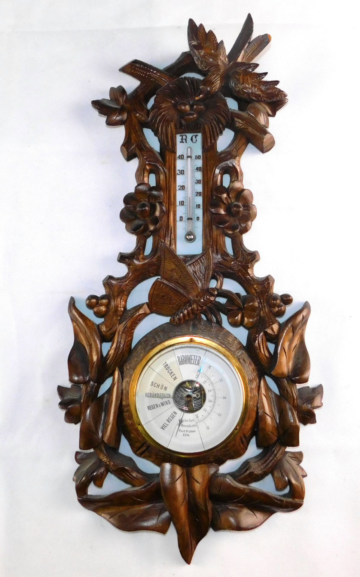 Barometer, Carl Pichon, Cöln, Jugendstil um 1900, Nussbaum reich geschnitzt m. Vogel u. Blattwe