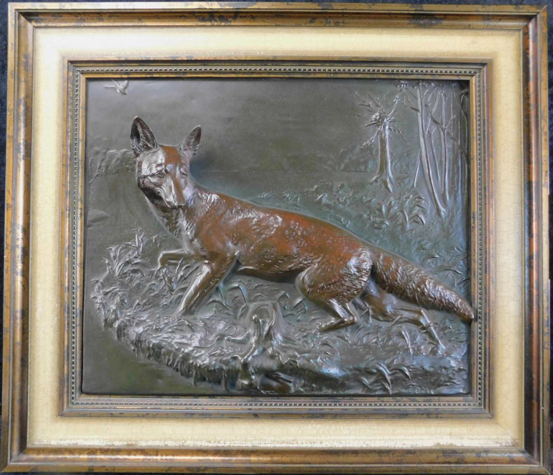 Bronzerelief Fuchs, 2.H.20.Jhdt., m.R., Maße ohne Rahmen 34,5 x 41,5 cm