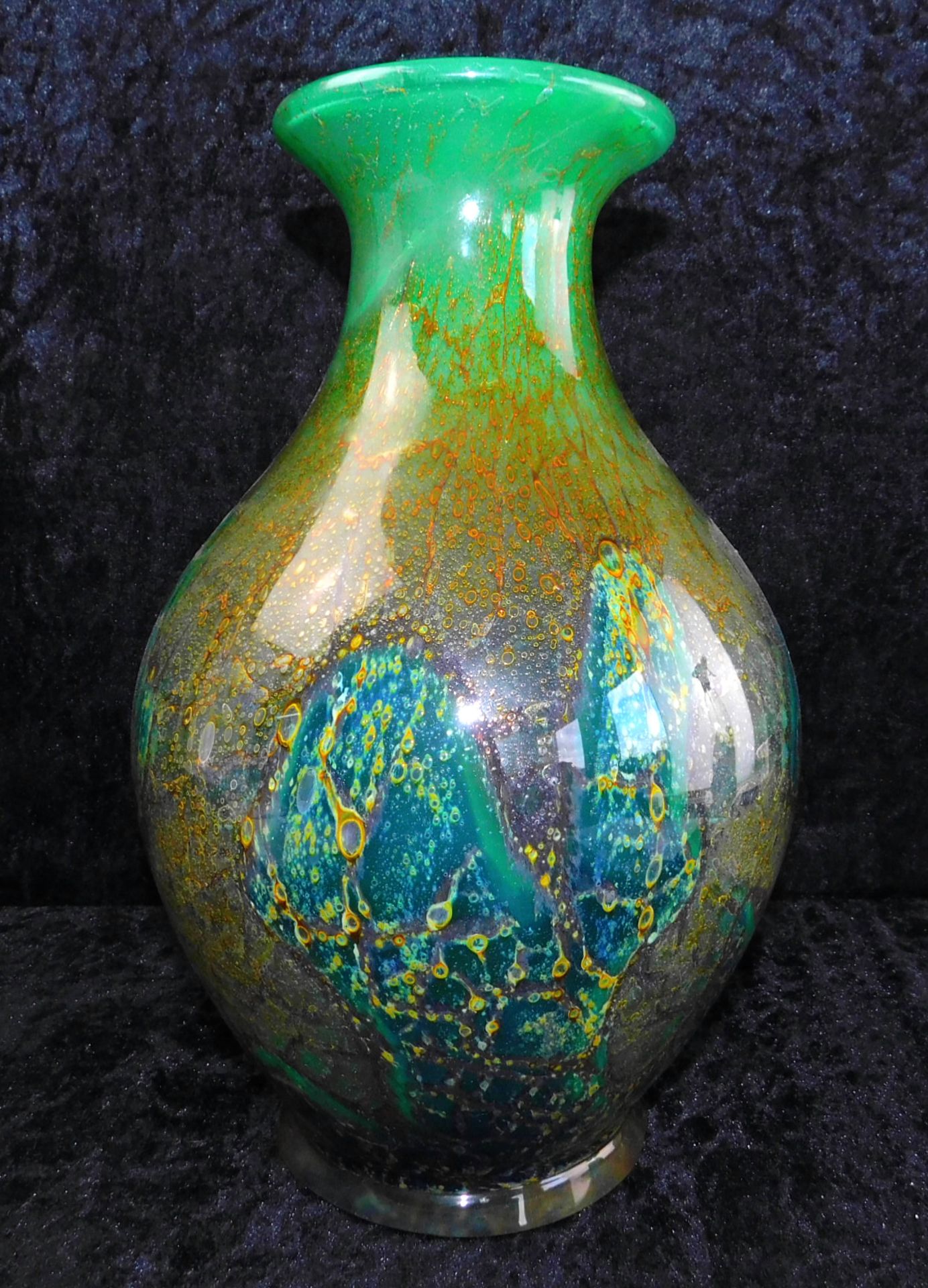 Große Vase, WMF IKORA, 1930er Jahre, grün/blau/orange, Höhe 34 cmFarbloses Kristall