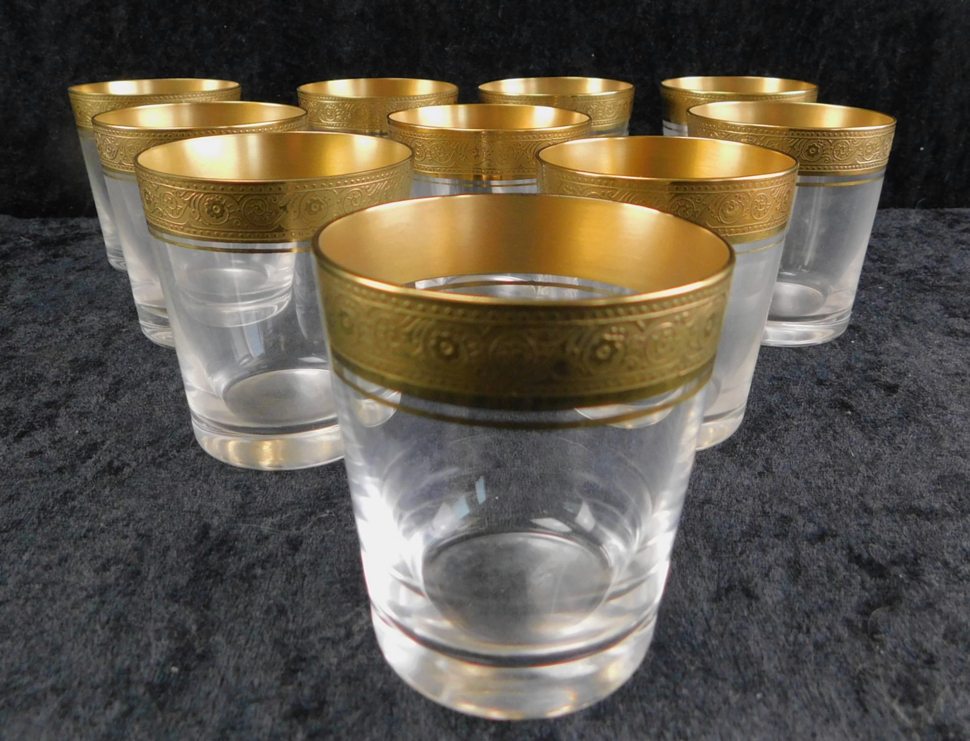 Theresienthal, 10 Gläser, Kristallglas geschliffen, Echtgold-Lippenrand, h: 7 cm, Ø 6 cm, Best
